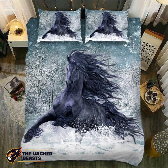 Default Powerful Black Horse Winters 3D Customized Duvet Cover Bedding Set