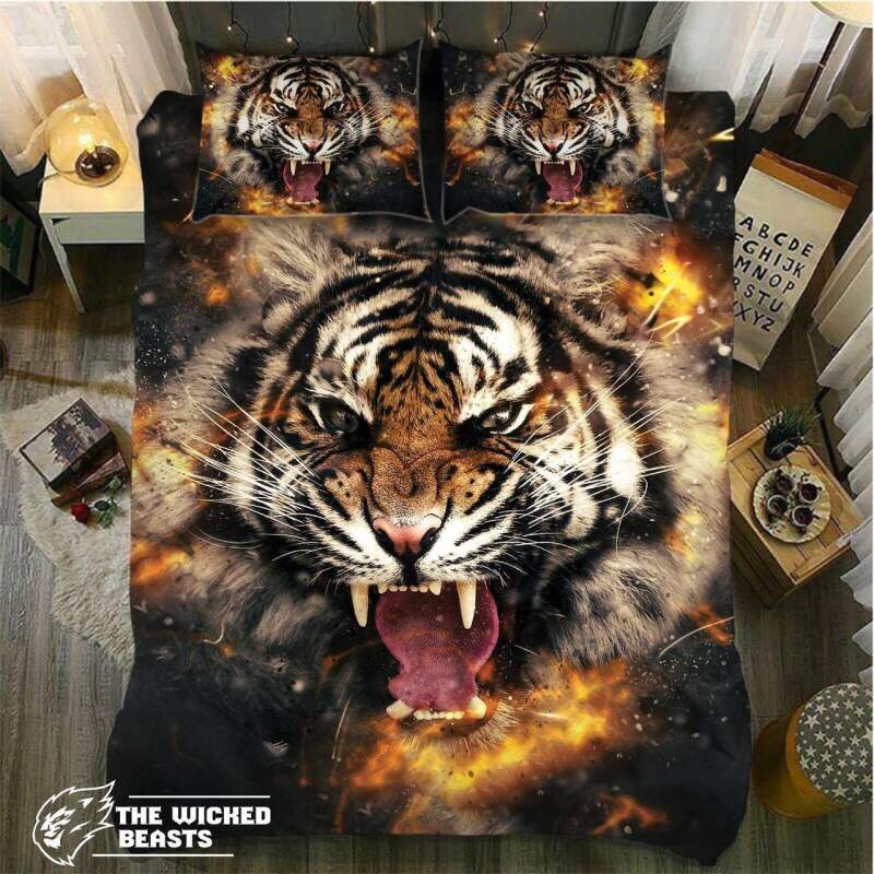 Default Tiger Roaring Fire 3D Customized Duvet Cover Bedding Set