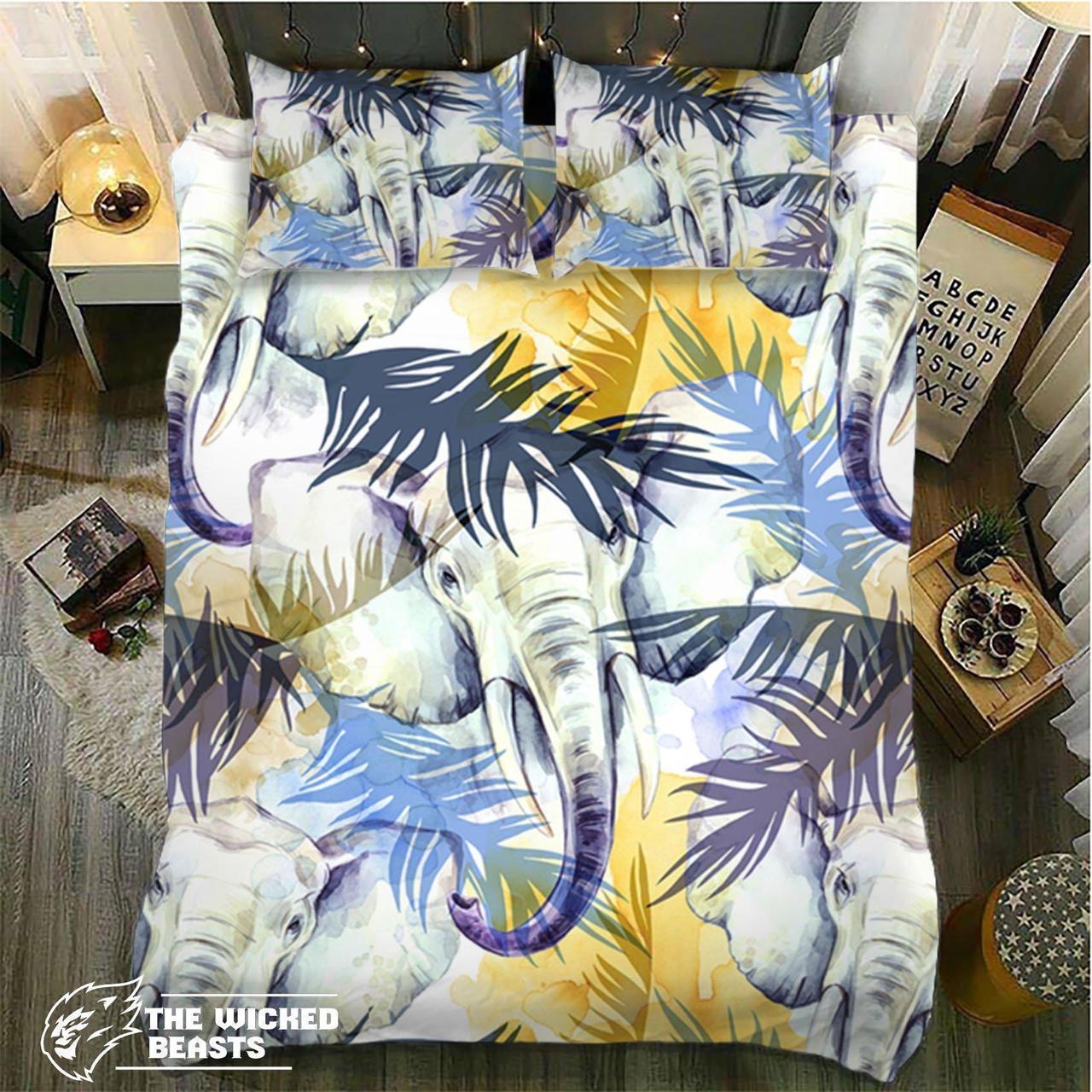 Default Watercolor Elephant Leafs 3D Customized Duvet Cover Bedding Set