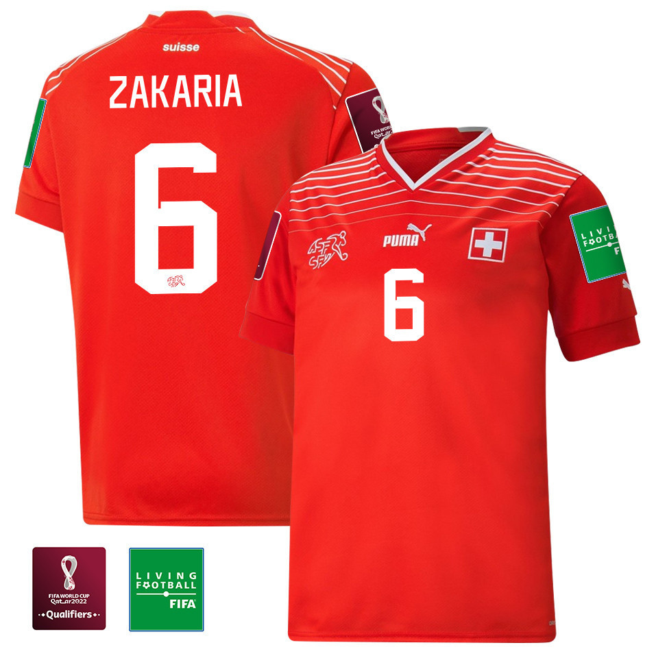 Denis Zakaria 6 Switzerland National Team FIFA World Cup Qatar 2022 Patch – Home Men Soccer Jersey
