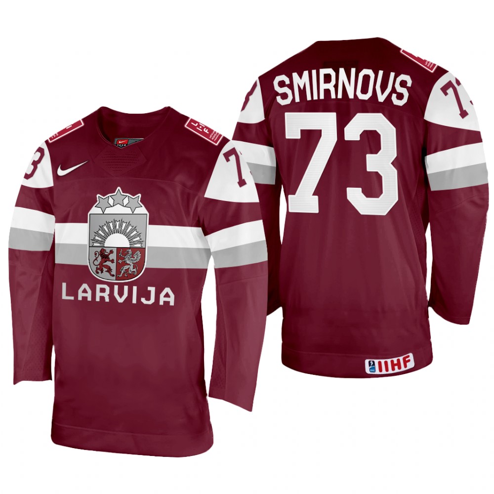 Deniss Smirnovs Latvia Maroon Away Jersey 2022 IIHF World Championship