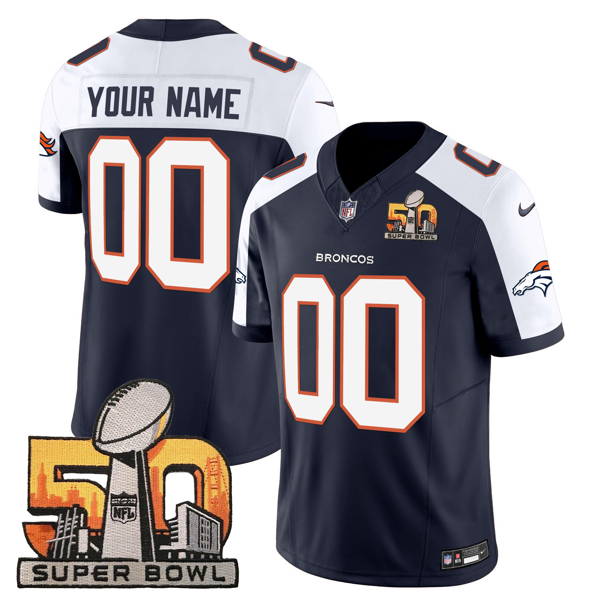 Denver Broncos Super Bowl 50 Patch Vapor Custom Navy Alternate Jersey - All Stitched 
