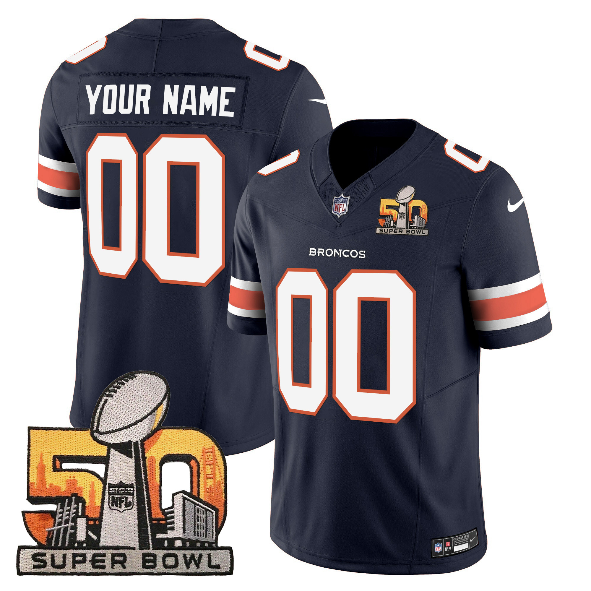 Denver Broncos Super Bowl 50 Patch Vapor Custom Navy Jersey - All Stitched 