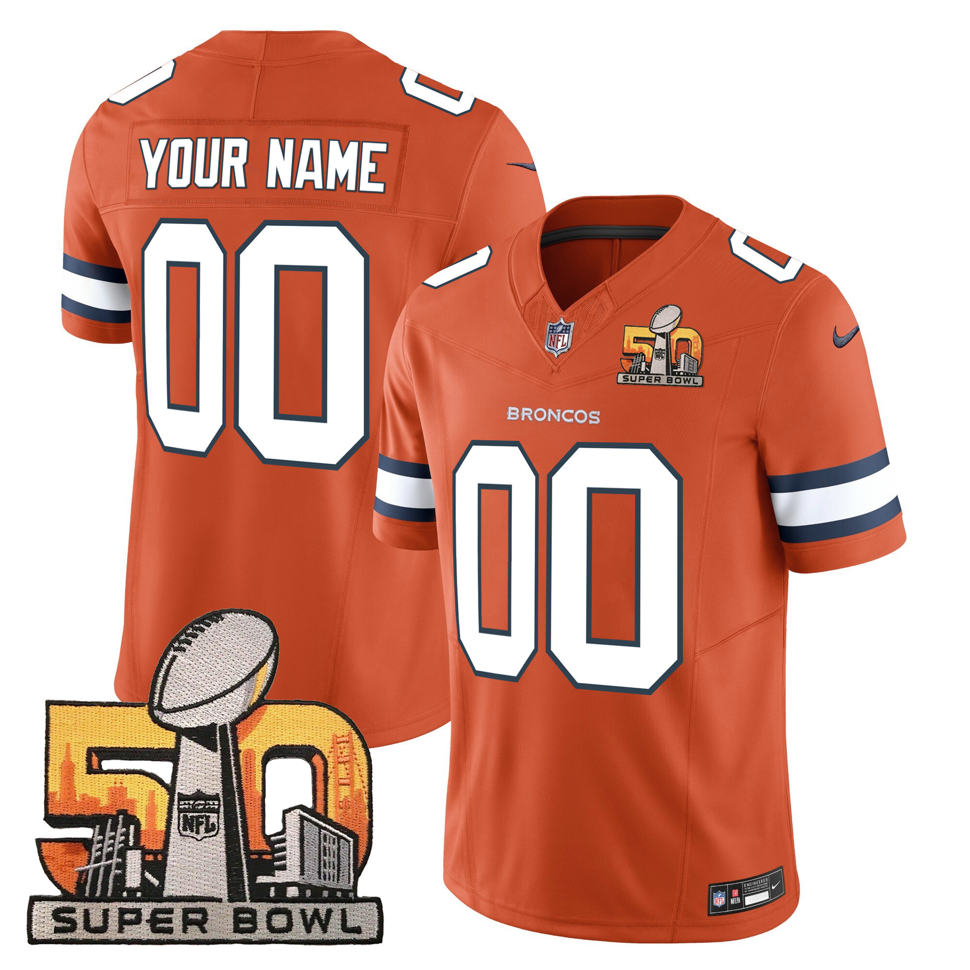 Denver Broncos Super Bowl 50 Patch Vapor Custom Orange Jersey - All Stitched 