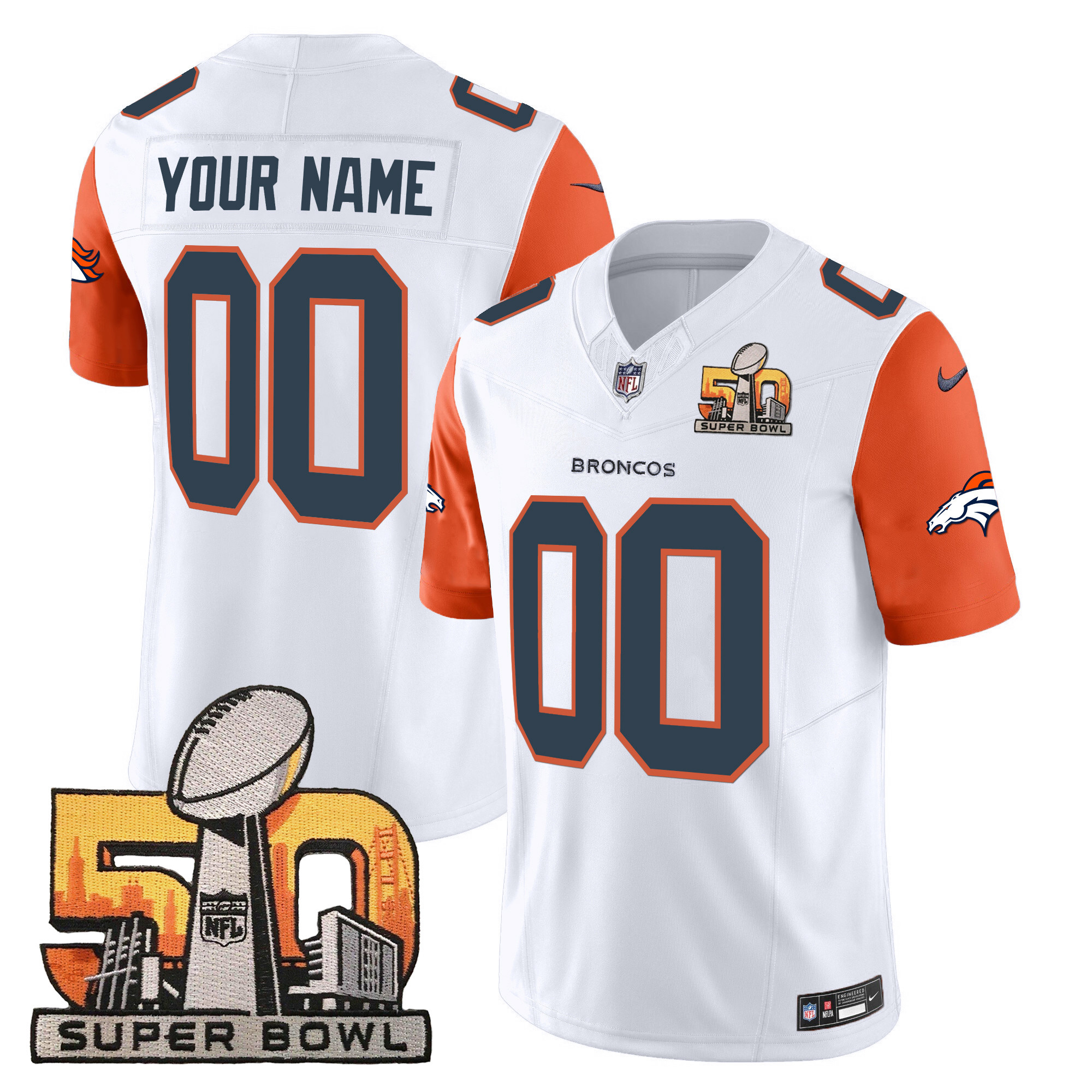 Denver Broncos Super Bowl 50 Patch Vapor Custom Orange Sleeves Jersey - All Stitched 