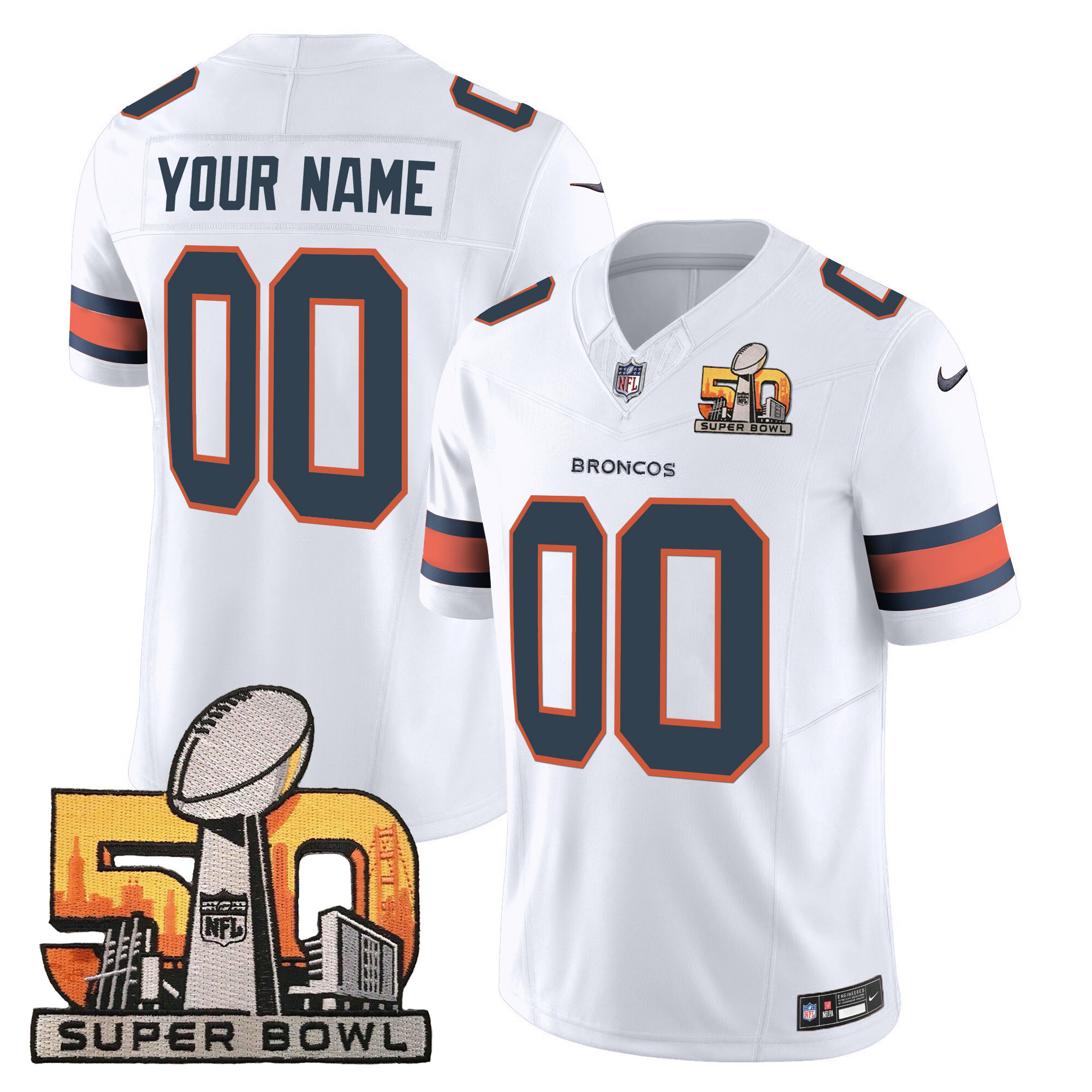 Denver Broncos Super Bowl 50 Patch Vapor Custom White Jersey - All Stitched 
