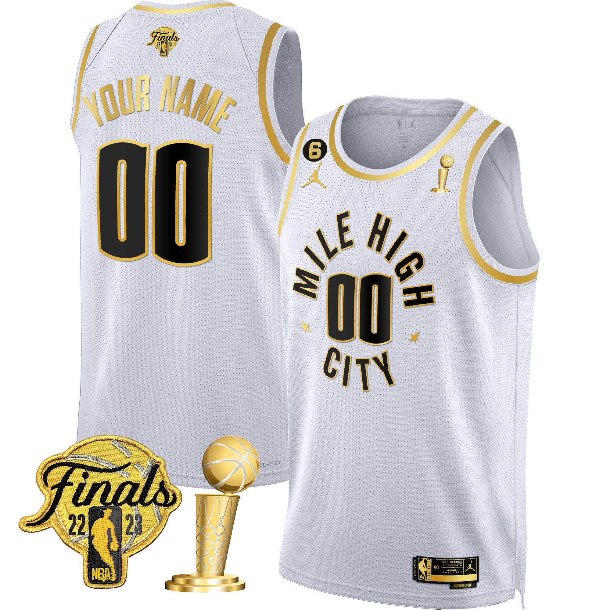 Denver Nuggets 2023 Finals & Champions Patch Gold Custom Statement White Jersey - All Stitched