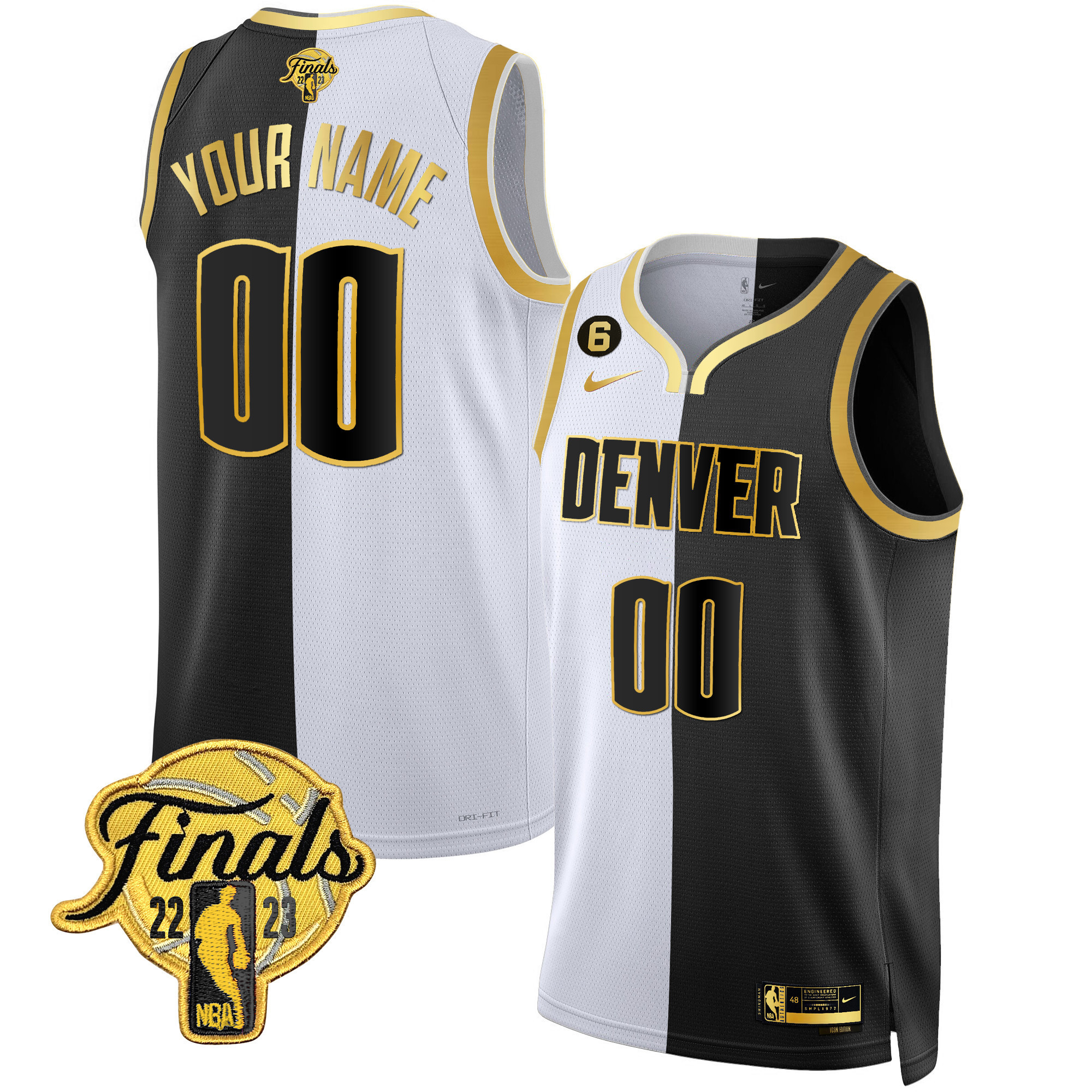 Denver Nuggets 2023 Finals Patch Black & White Gold Custom Split Jersey - All Stitched