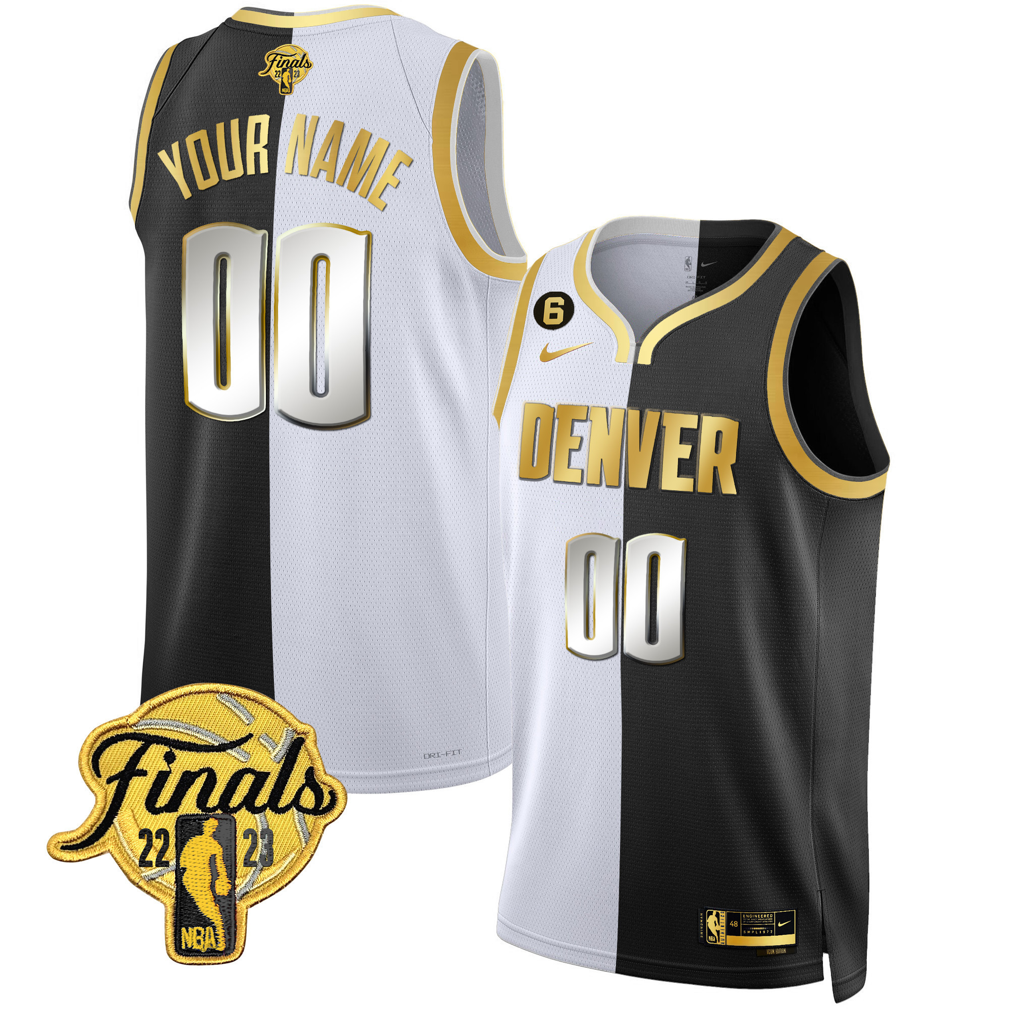 Denver Nuggets 2023 Finals Patch Black & White Gold Custom Split Limited Jersey - All Stitched