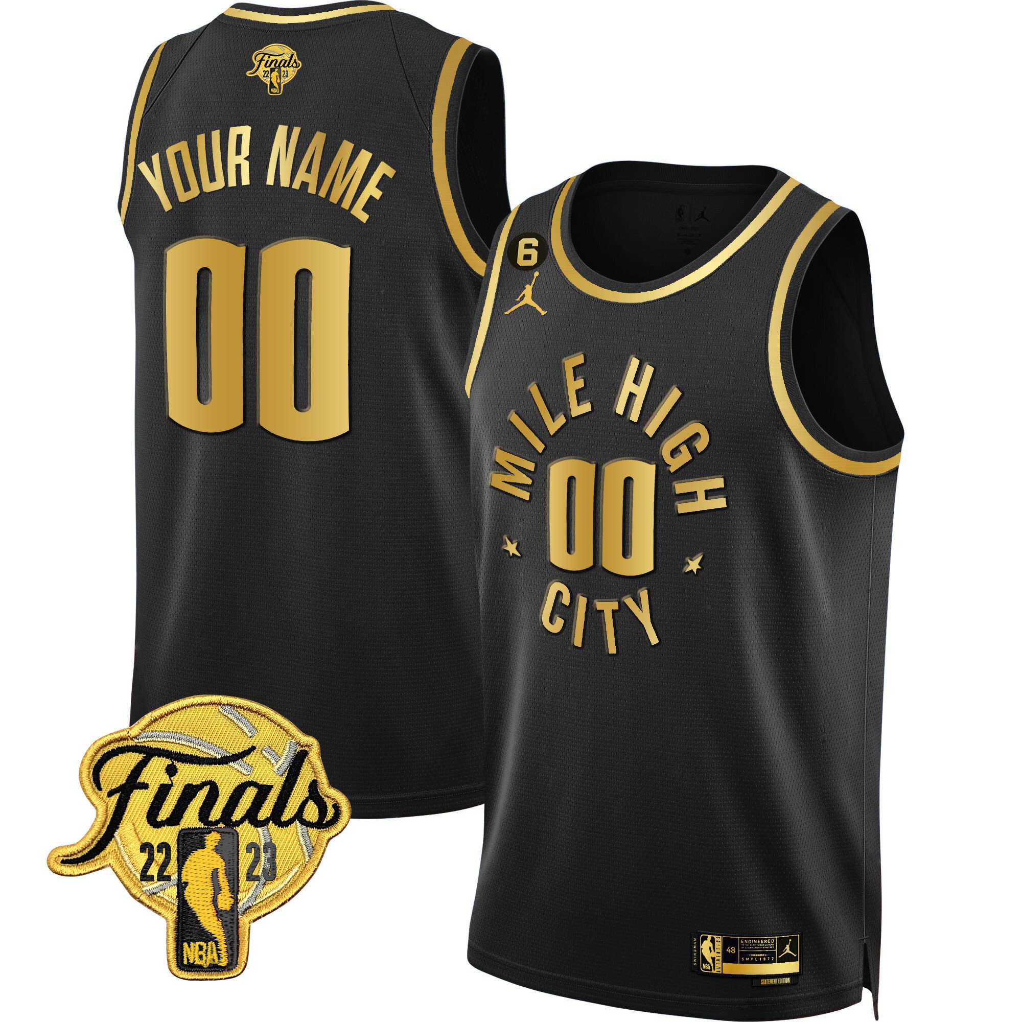 Denver Nuggets 2023 Finals Patch Black & White Gold Custom Statement Black Jersey - All Stitched