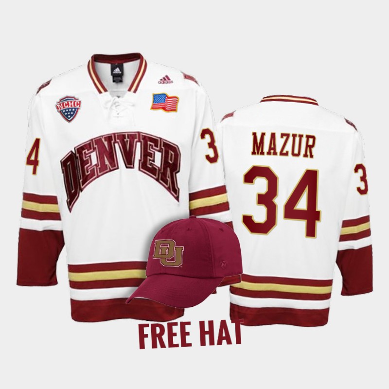Denver Pioneers Carter Mazur #34 College White Free Hat Jersey 2022
