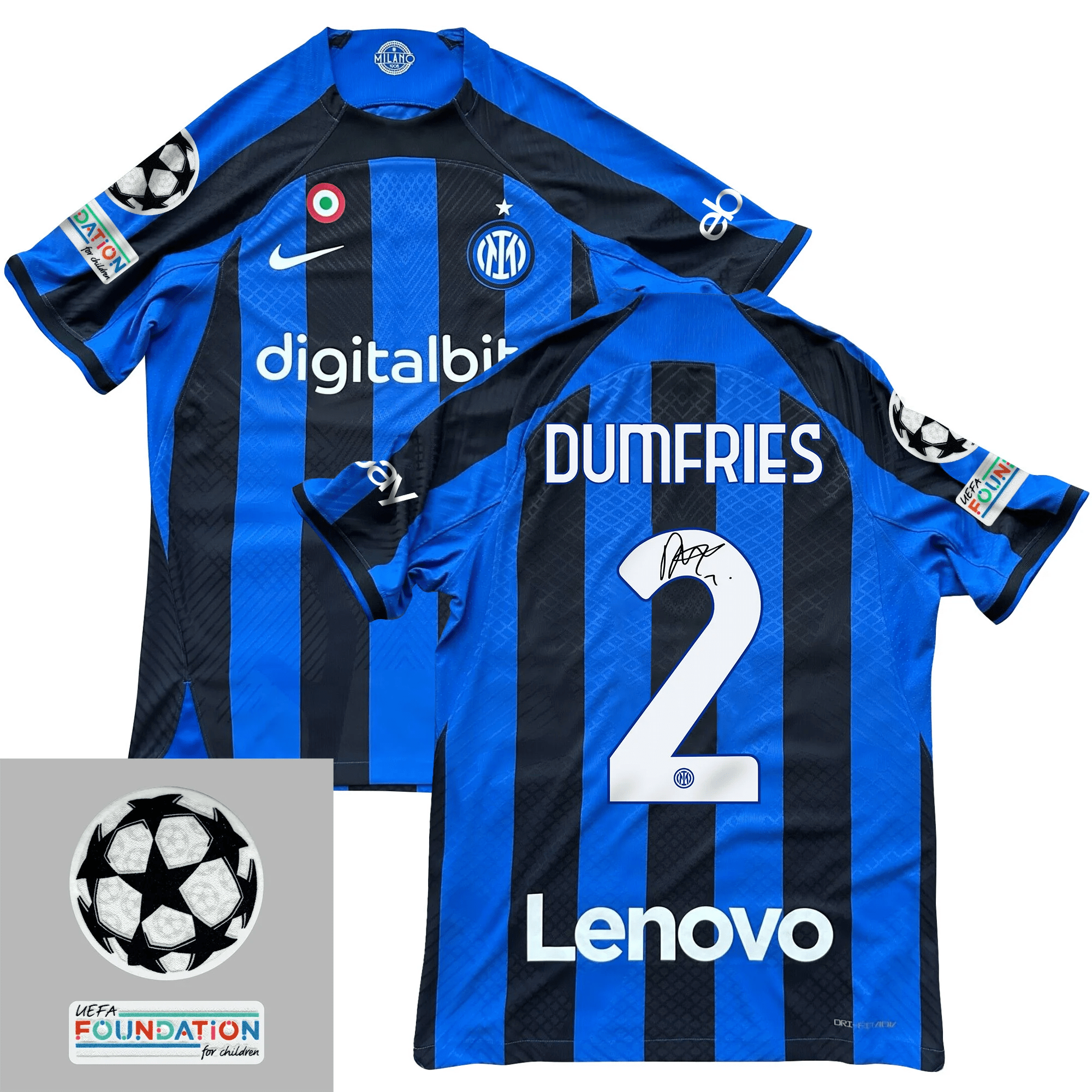 Denzel Dumfries 2 Signed Inter Milan 2022/23 Home Men Jersey – Black/Blue Stripes