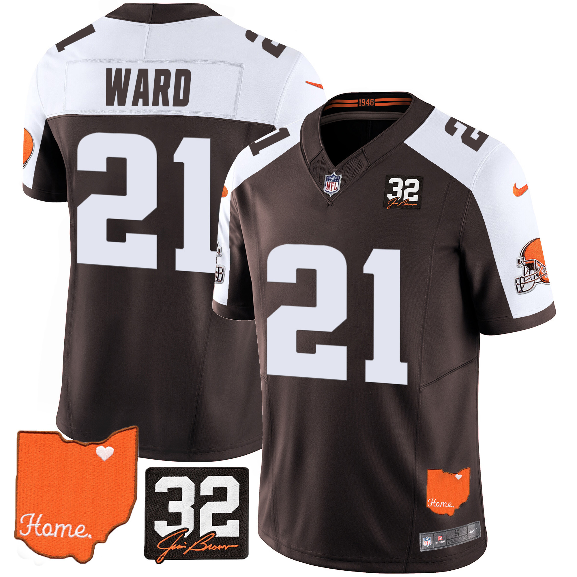 Denzel Ward Men's Cleveland Browns #32 Jim Brown Memorial & Home Patch Alternate Jersey - All Stitched