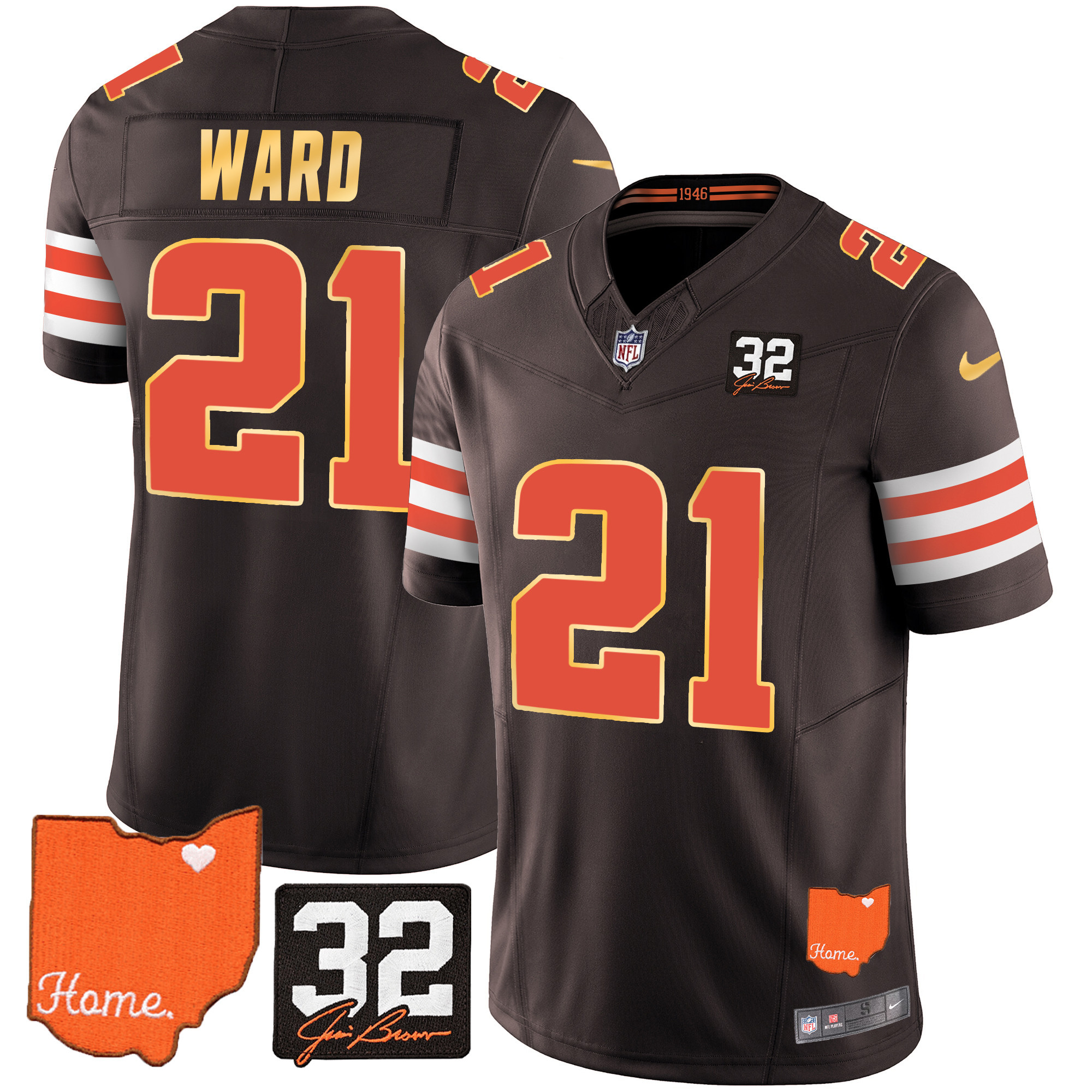 Denzel Ward Men's Cleveland Browns #32 Jim Brown Memorial & Home Patch Gold Trim Jersey - All Stitched