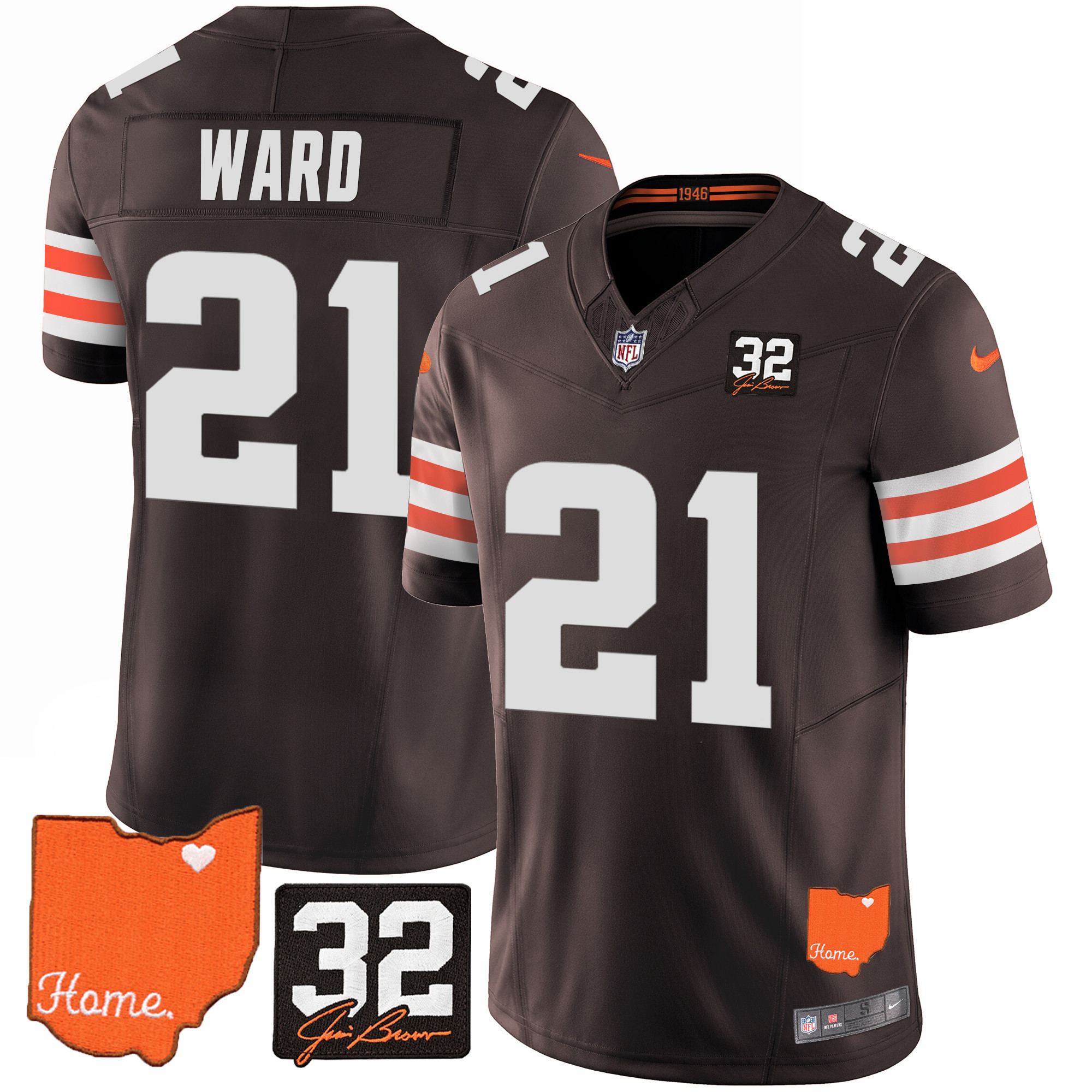 Denzel Ward Men's Cleveland Browns #32 Jim Brown Memorial & Home Patch Jersey - All Stitched