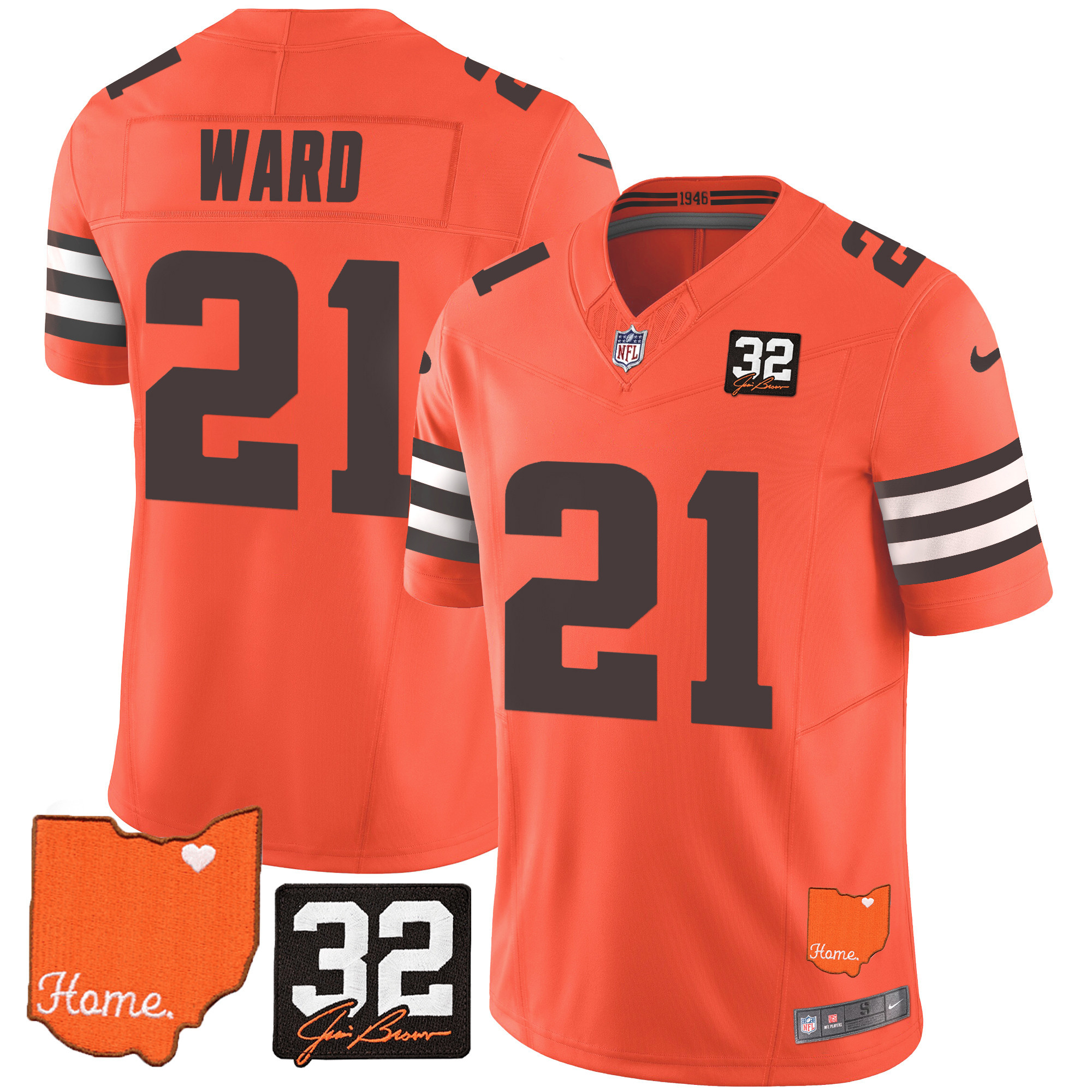 Denzel Ward Men's Cleveland Browns #32 Jim Brown Memorial & Home Patch Orange Jersey - All Stitched