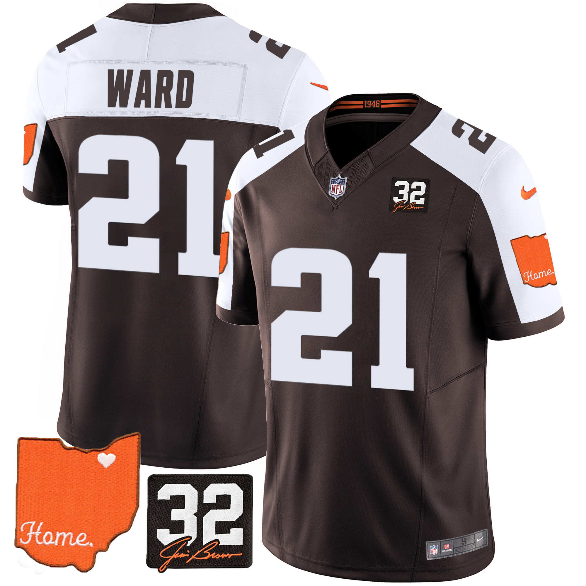 Denzel Ward Men's Cleveland Browns #32 Jim Brown Memorial & Home Patch V2 Alternate Jersey - All Stitched