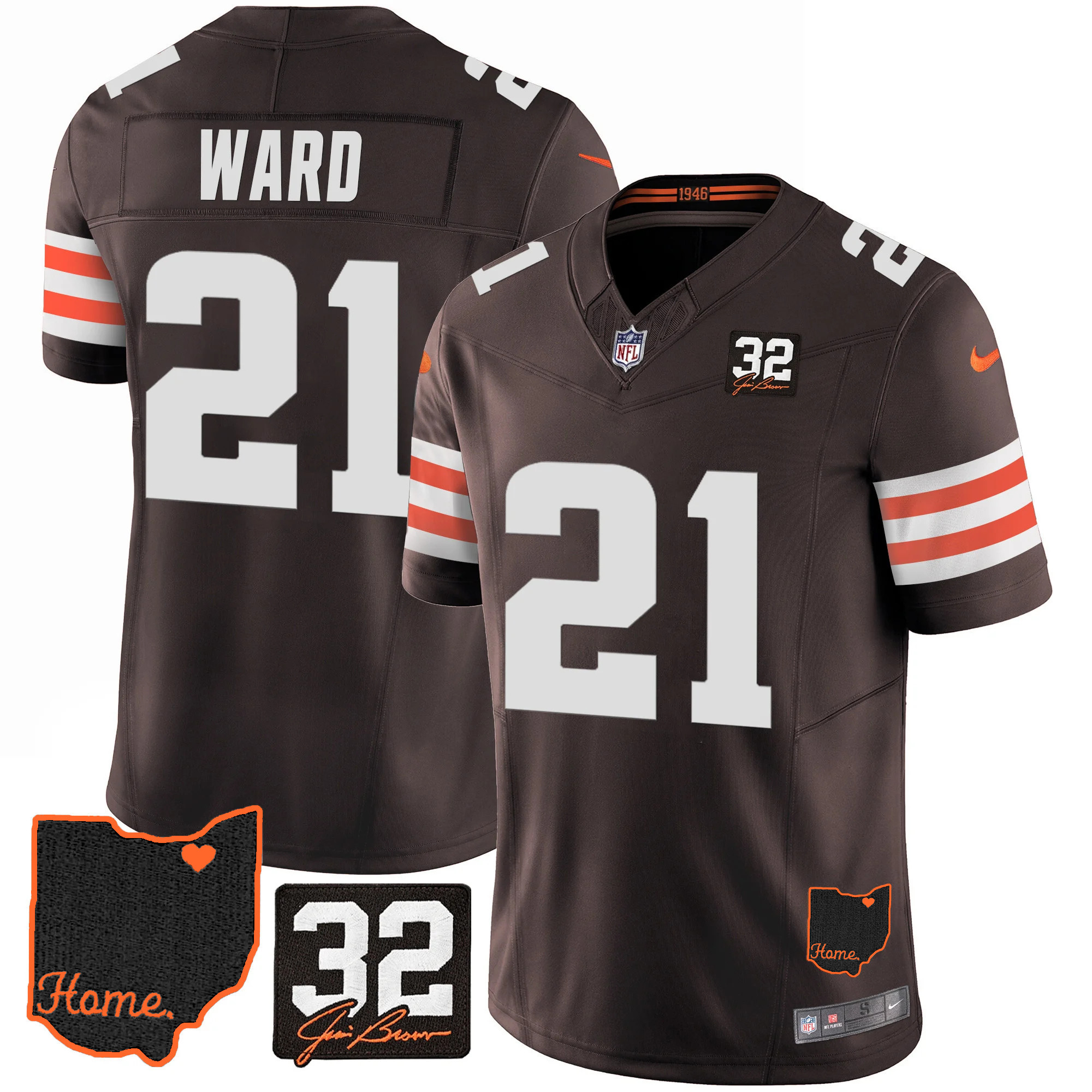 Denzel Ward Men's Cleveland Browns #32 Jim Brown Memorial & Home Patch V3 Jersey - All Stitched