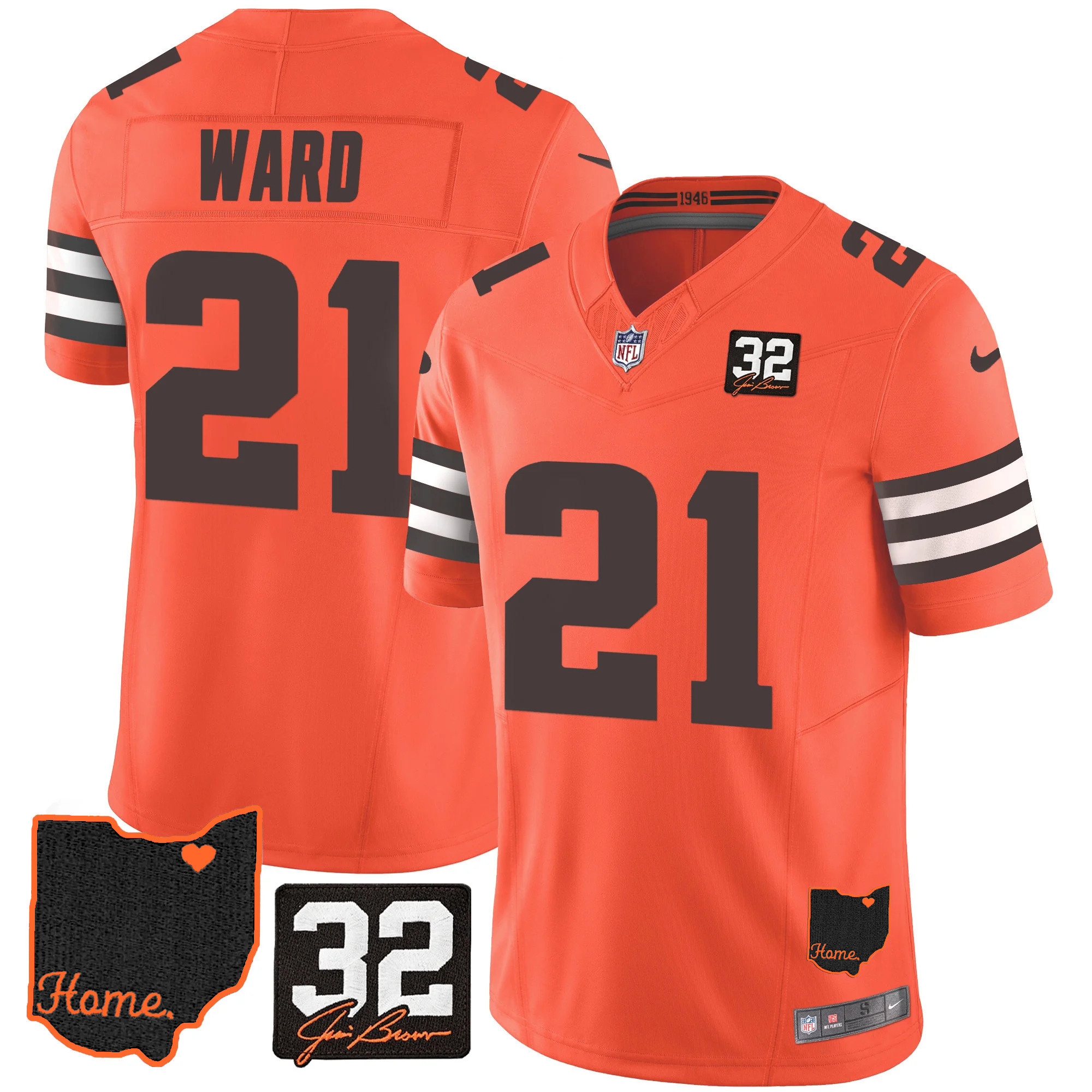 Denzel Ward Men's Cleveland Browns #32 Jim Brown Memorial & Home Patch V3 Orange Jersey - All Stitched