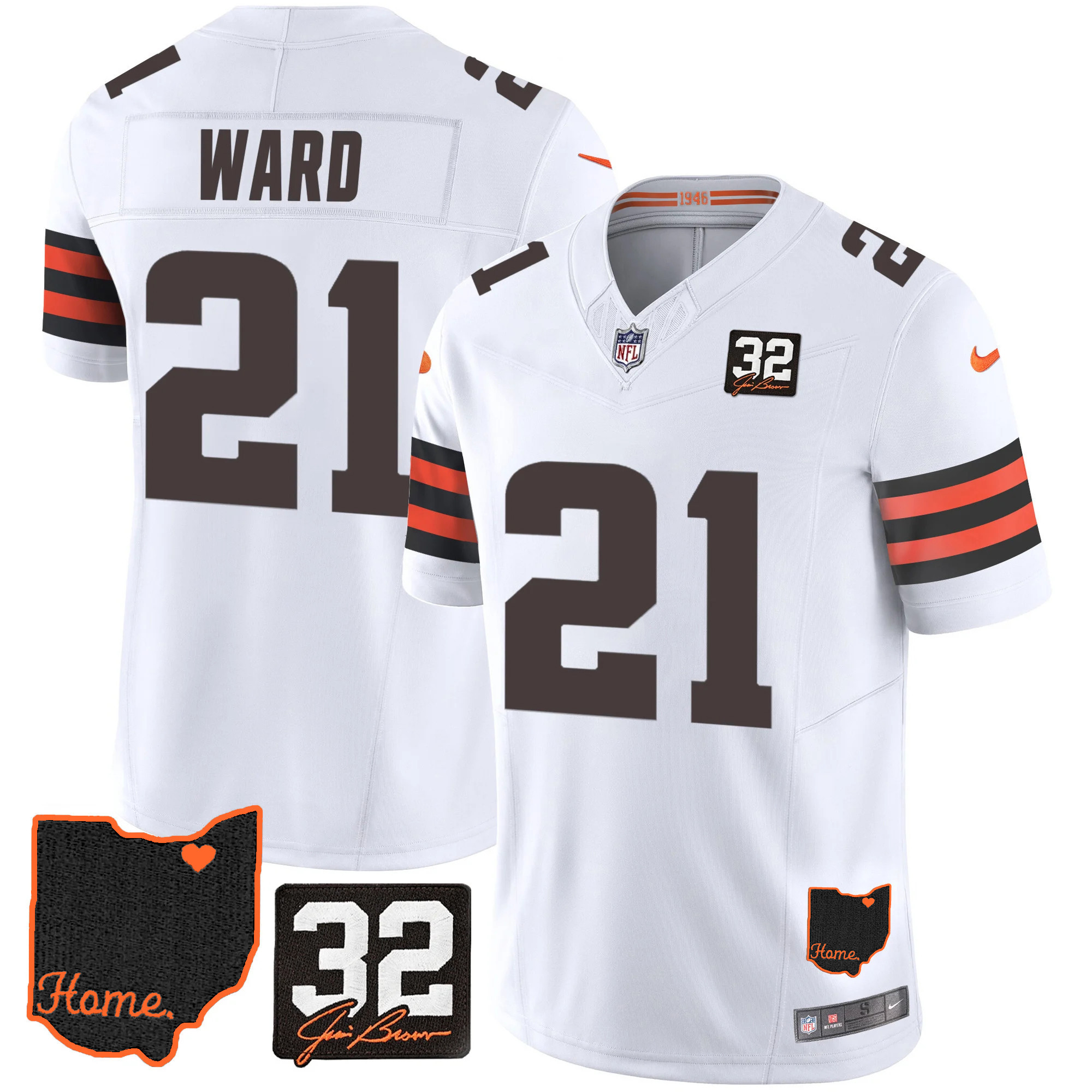Denzel Ward Men's Cleveland Browns #32 Jim Brown Memorial & Home Patch V3 White Jersey - All Stitched