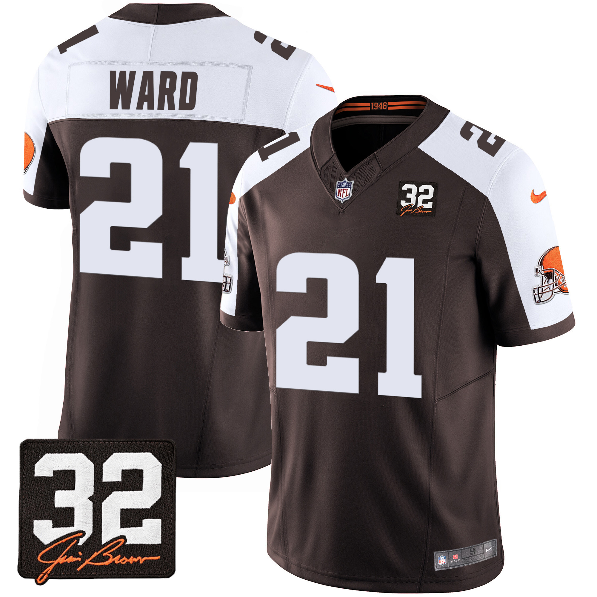 Denzel Ward Men's Cleveland Browns #32 Jim Brown Memorial Patch Alternate Jersey - All Stitched