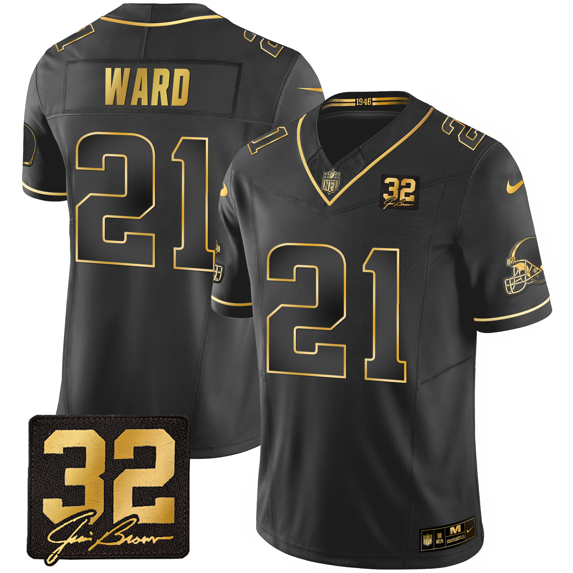 Denzel Ward Men's Cleveland Browns #32 Jim Brown Memorial Patch Gold Black Gold Jersey - All Stitched