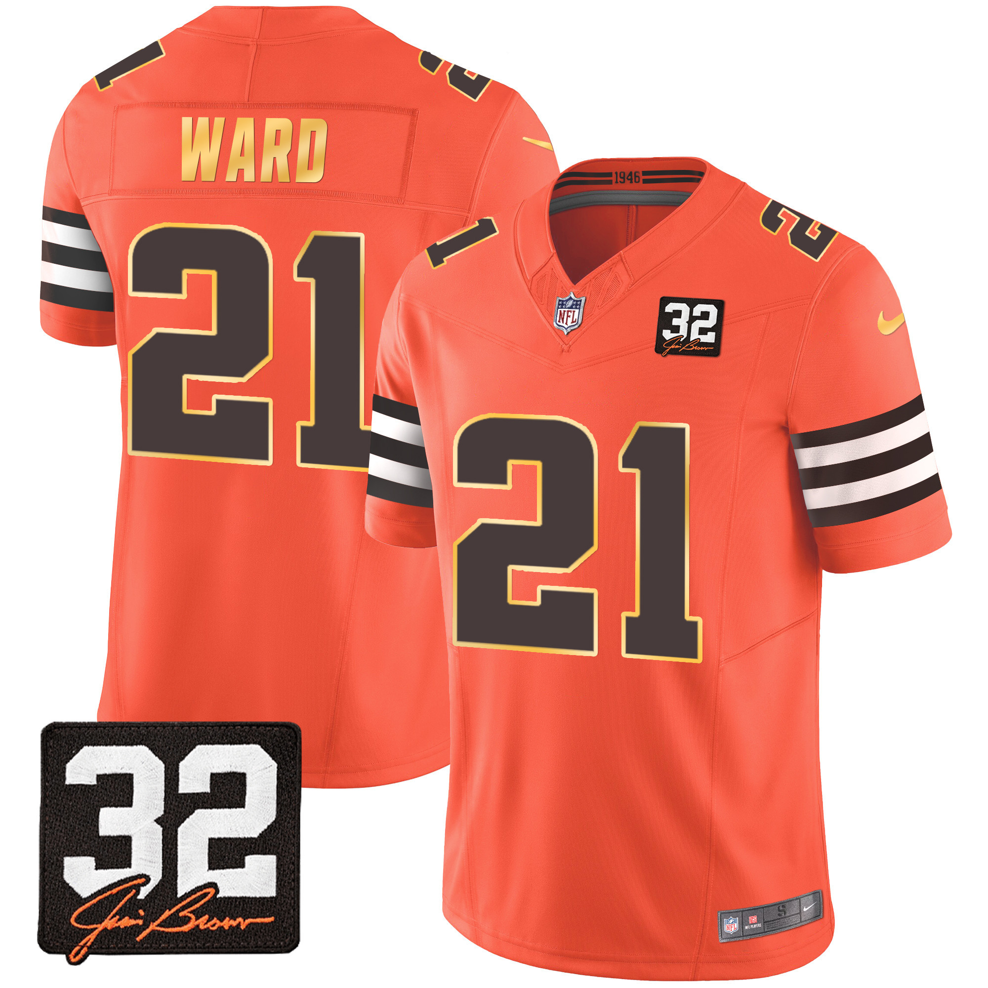 Denzel Ward Men's Cleveland Browns #32 Jim Brown Memorial Patch Gold Trim Orange Jersey - All Stitched
