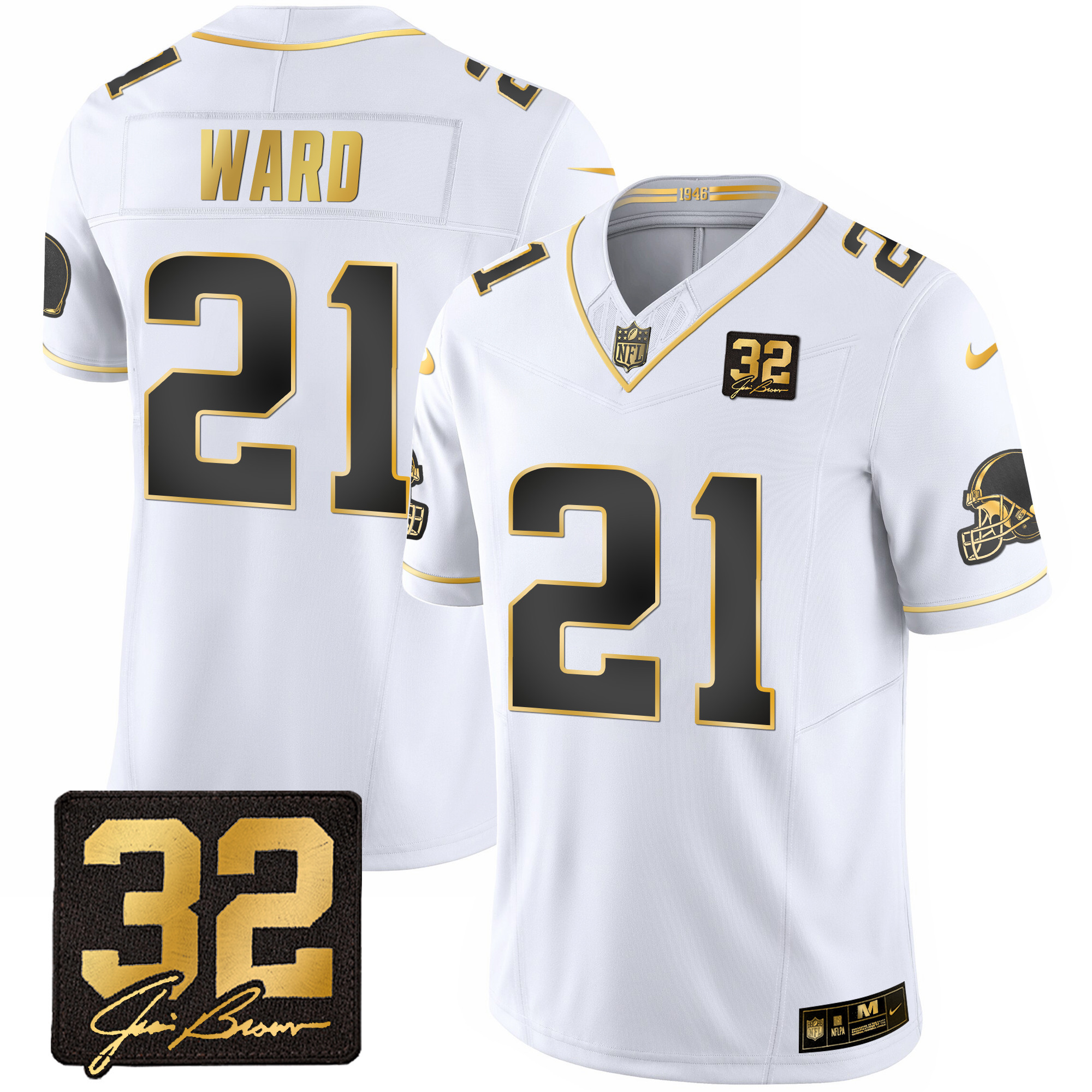 Denzel Ward Men's Cleveland Browns #32 Jim Brown Memorial Patch Gold White Gold Jersey - All Stitched