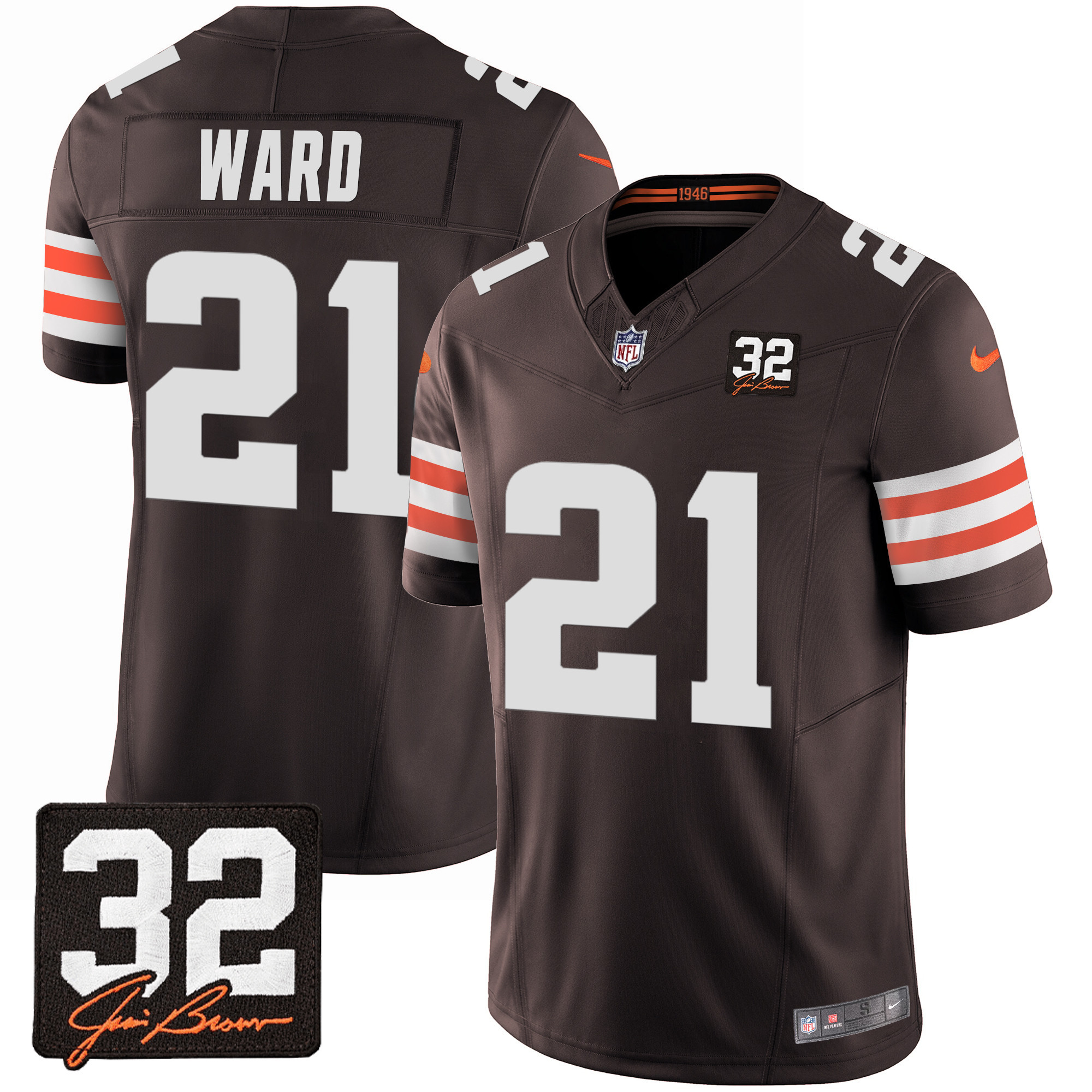 Denzel Ward Men's Cleveland Browns #32 Jim Brown Memorial Patch Jersey - All Stitched