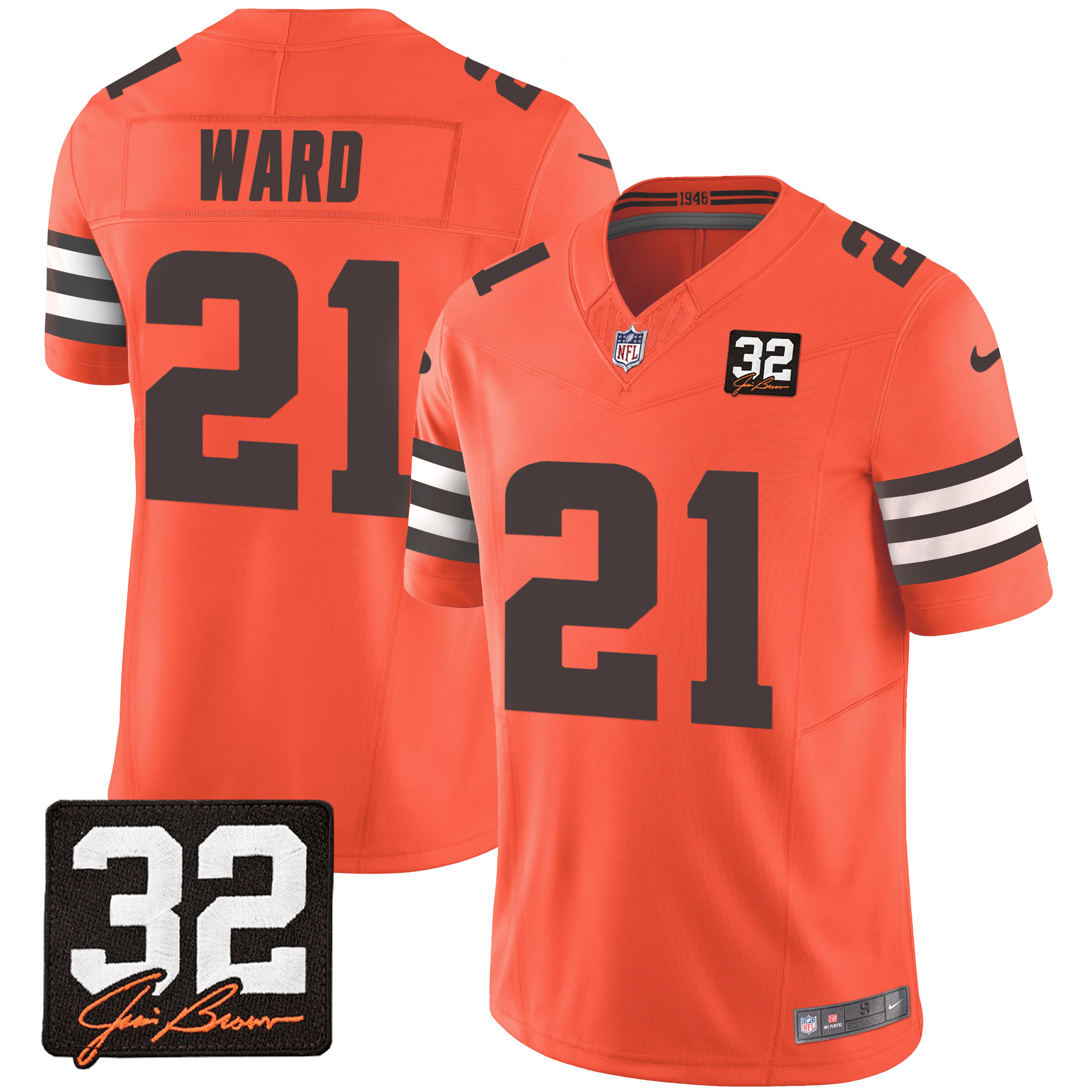 Denzel Ward Men's Cleveland Browns #32 Jim Brown Memorial Patch Orange Jersey - All Stitched