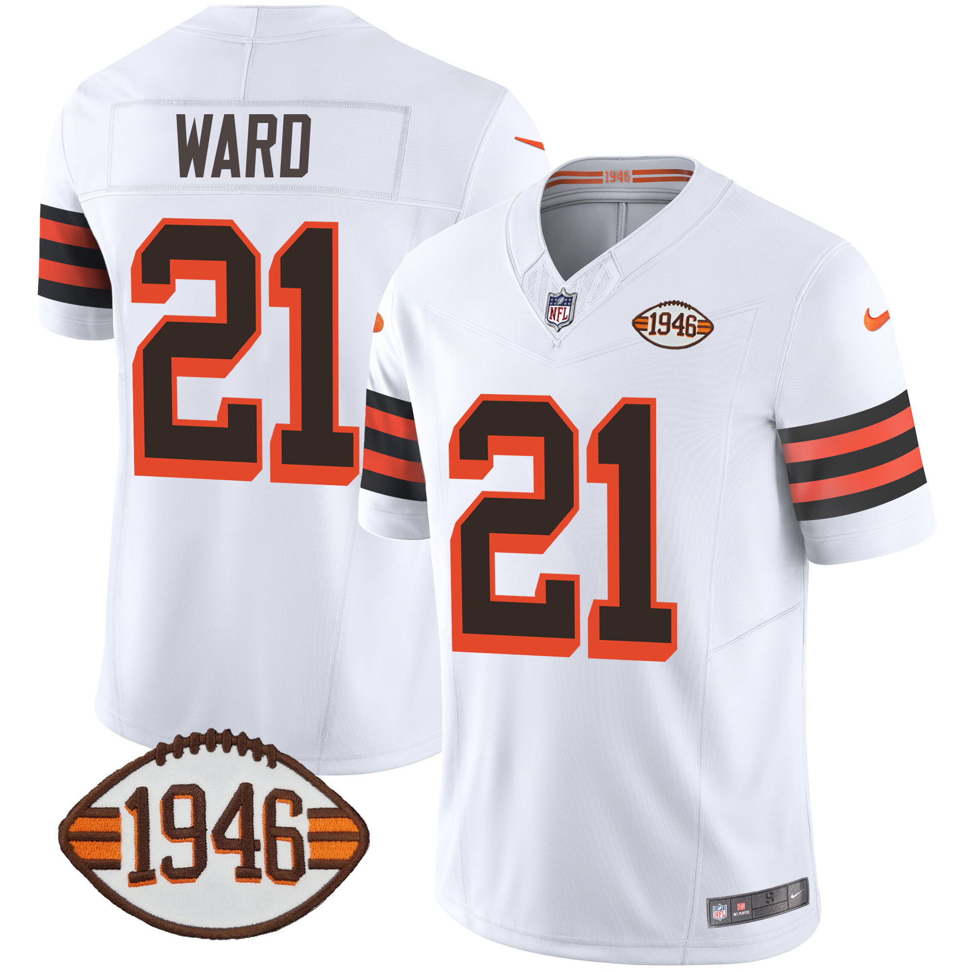 Denzel Ward Men's Cleveland Browns 1946 75th Anniversary Patch 1946 White Jersey - All Stitched