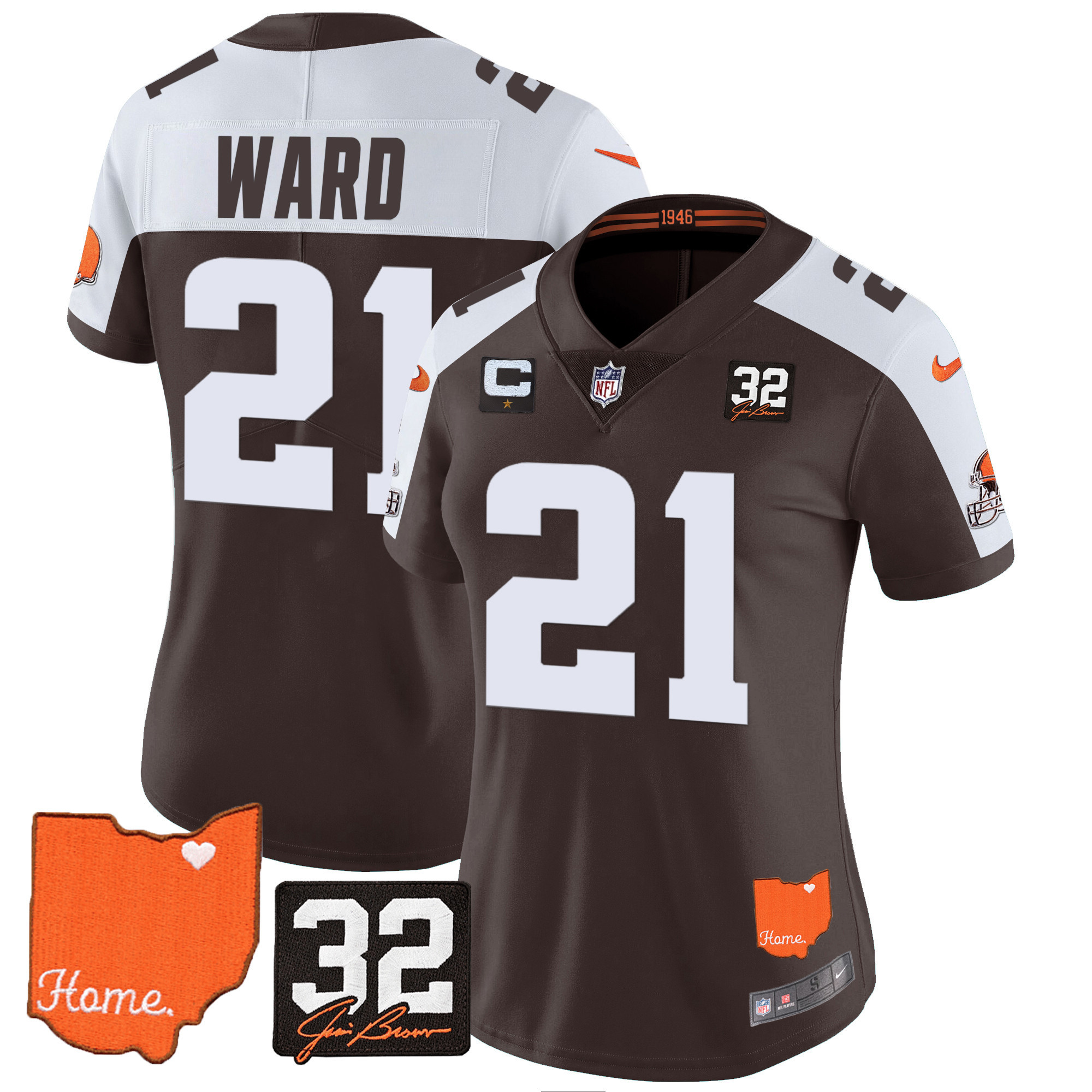 Denzel Ward Women's Cleveland Browns #32 Jim Brown Memorial & Home Patch Alternate Jersey - All Stitched