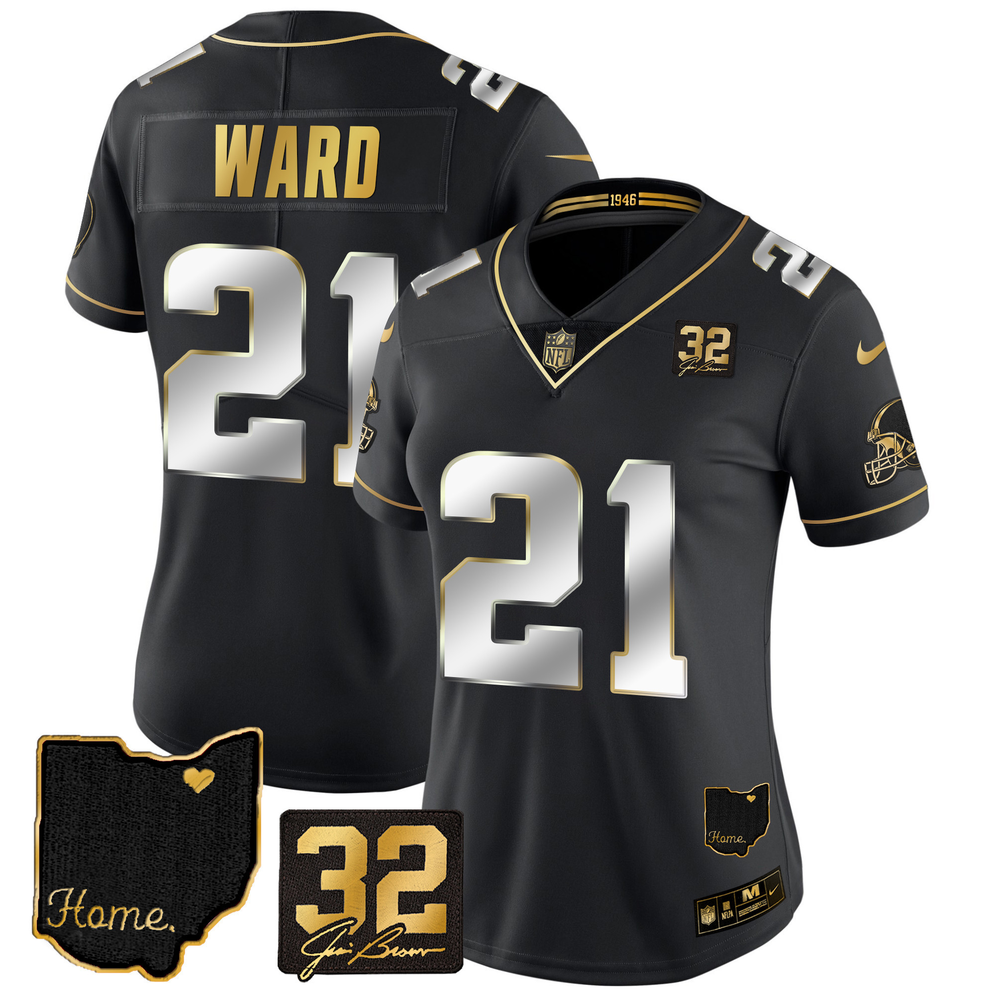 Denzel Ward Women's Cleveland Browns #32 Jim Brown Memorial & Home Patch Gold Black Limited Jersey - All Stitched