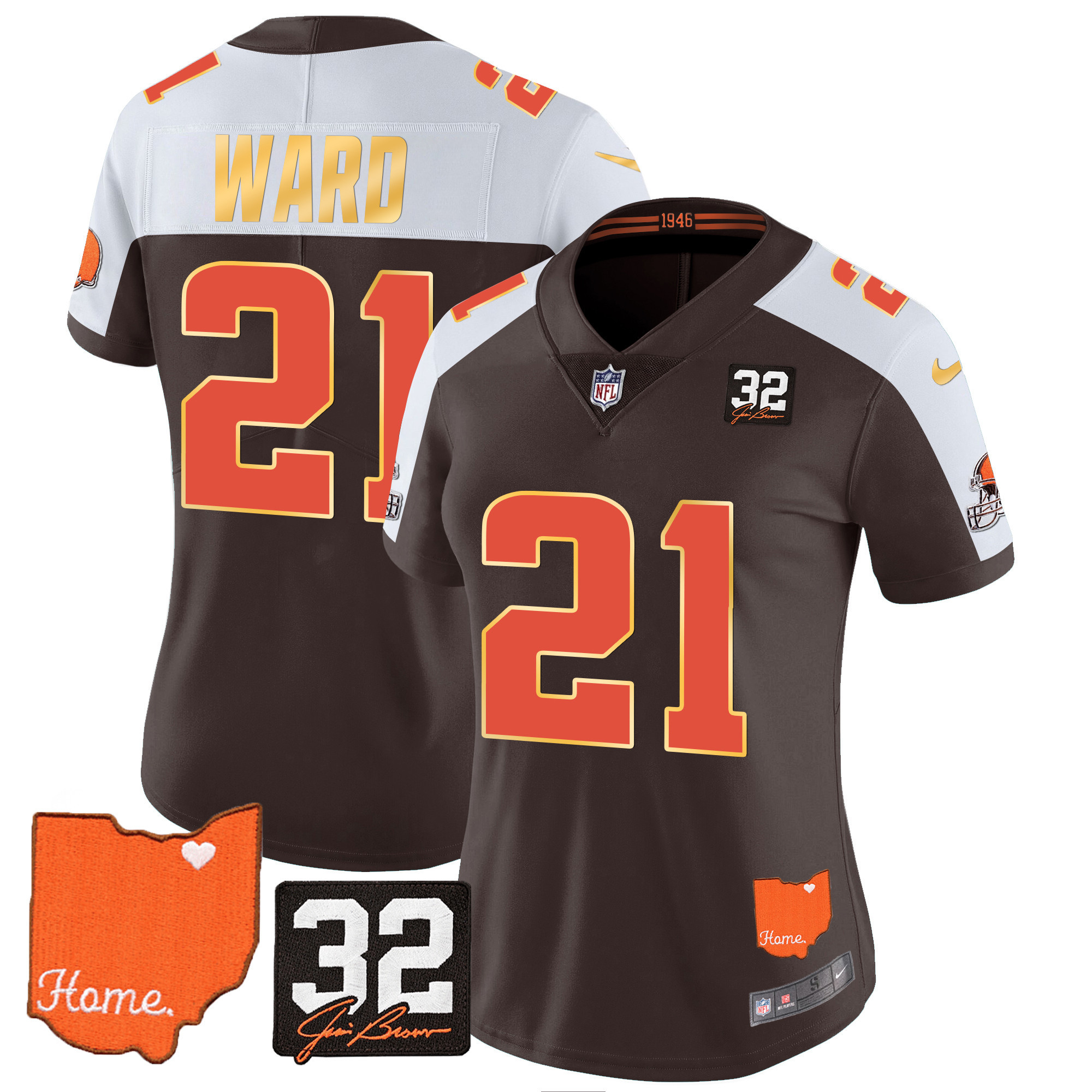 Denzel Ward Women's Cleveland Browns #32 Jim Brown Memorial & Home Patch Gold Trim Alternate Jersey - All Stitched