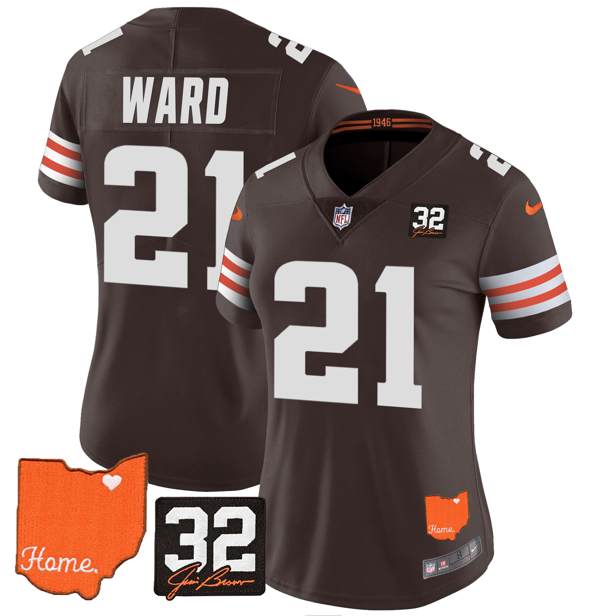 Denzel Ward Women's Cleveland Browns #32 Jim Brown Memorial & Home Patch Jersey - All Stitched