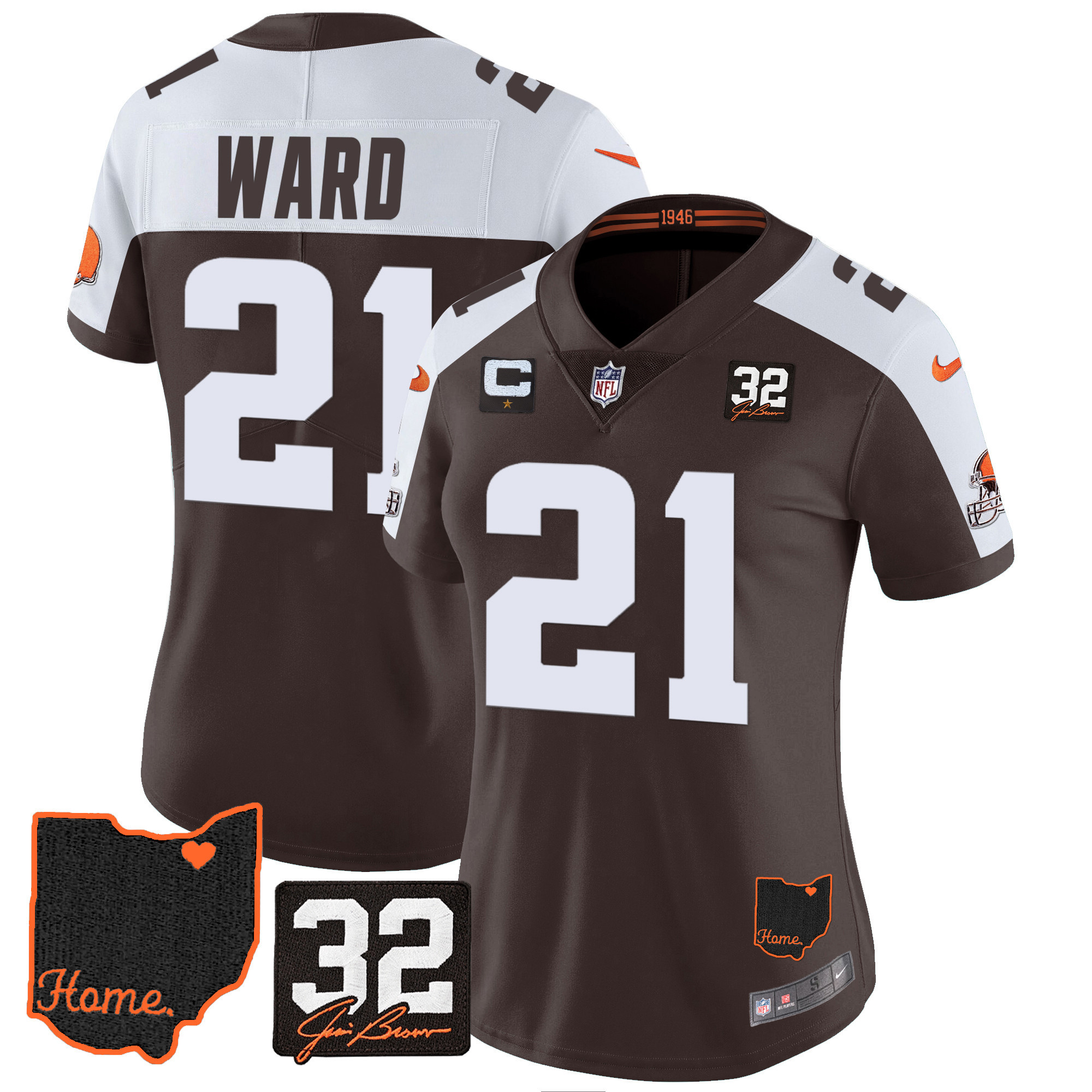 Denzel Ward Women's Cleveland Browns #32 Jim Brown Memorial & Home Patch V3 Alternate Jersey - All Stitched