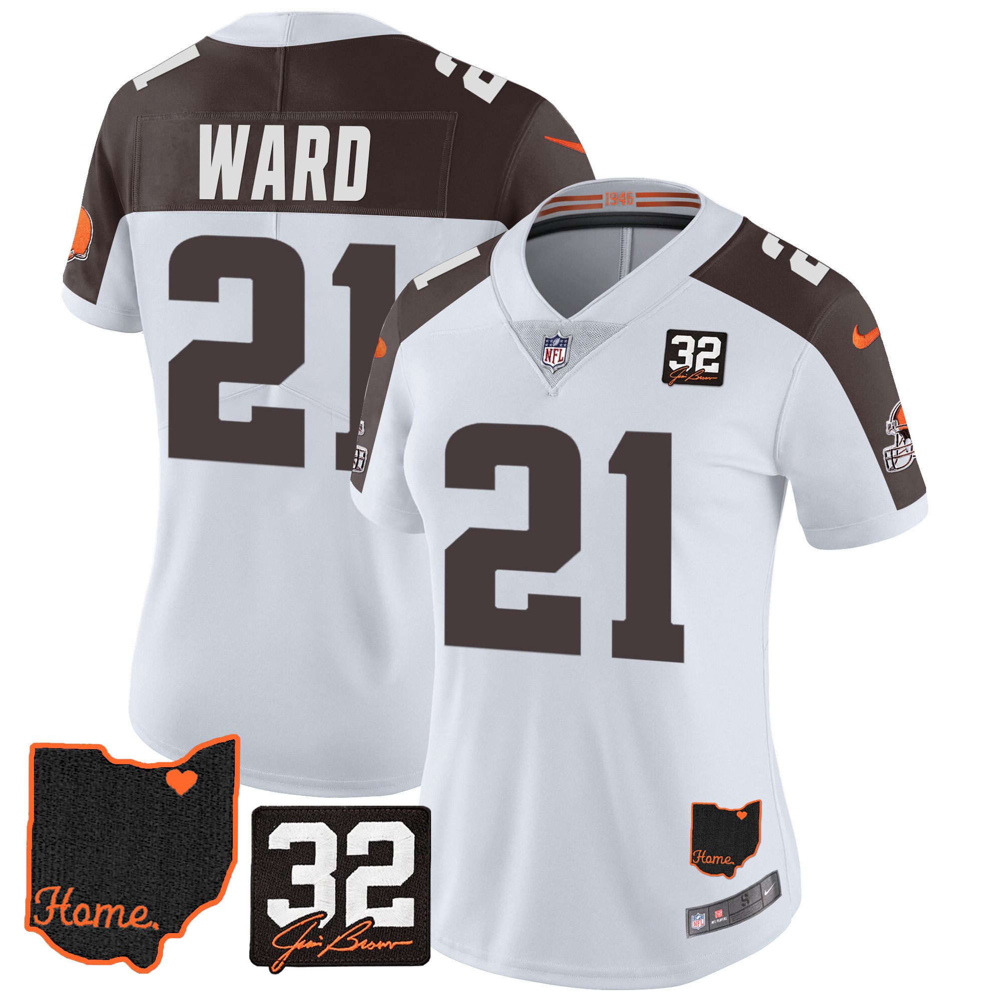 Denzel Ward Women's Cleveland Browns #32 Jim Brown Memorial & Home Patch V3 Inverted Jersey - All Stitched