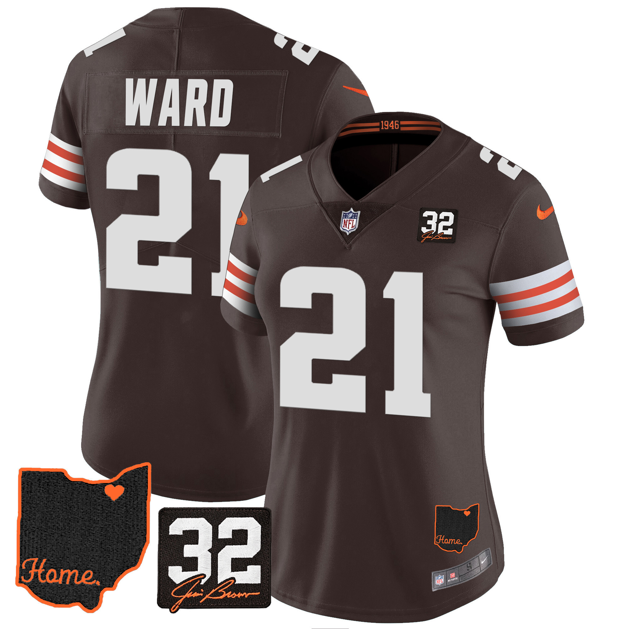 Denzel Ward Women's Cleveland Browns #32 Jim Brown Memorial & Home Patch V3 Jersey - All Stitched