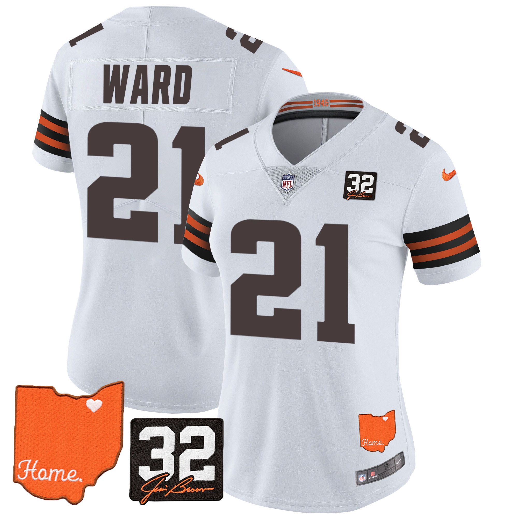 Denzel Ward Women's Cleveland Browns #32 Jim Brown Memorial & Home Patch White Jersey - All Stitched