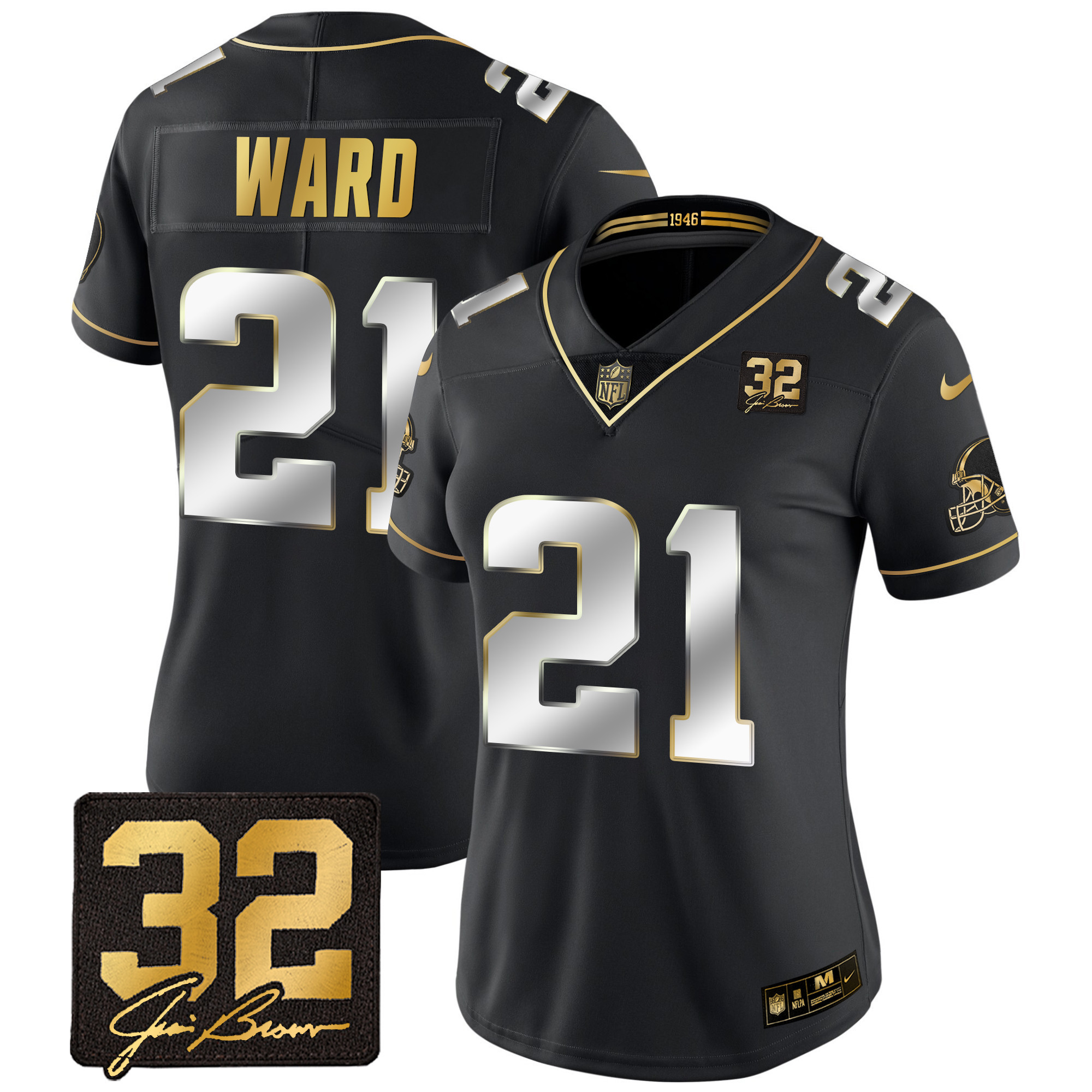 Denzel Ward Women's Cleveland Browns #32 Jim Brown Memorial Patch Gold Black Limited Jersey - All Stitched
