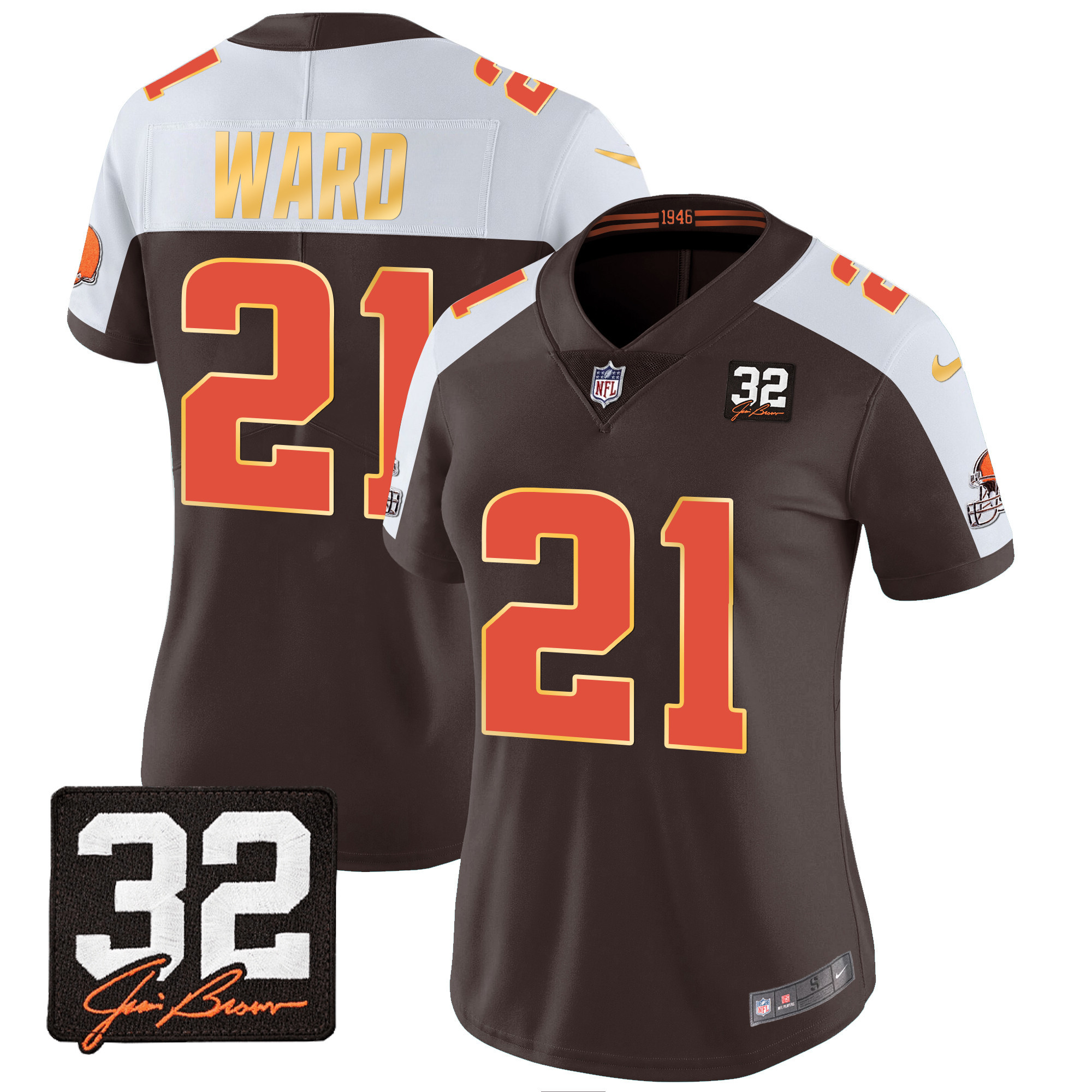 Denzel Ward Women's Cleveland Browns #32 Jim Brown Memorial Patch Gold Trim Alternate Jersey - All Stitched
