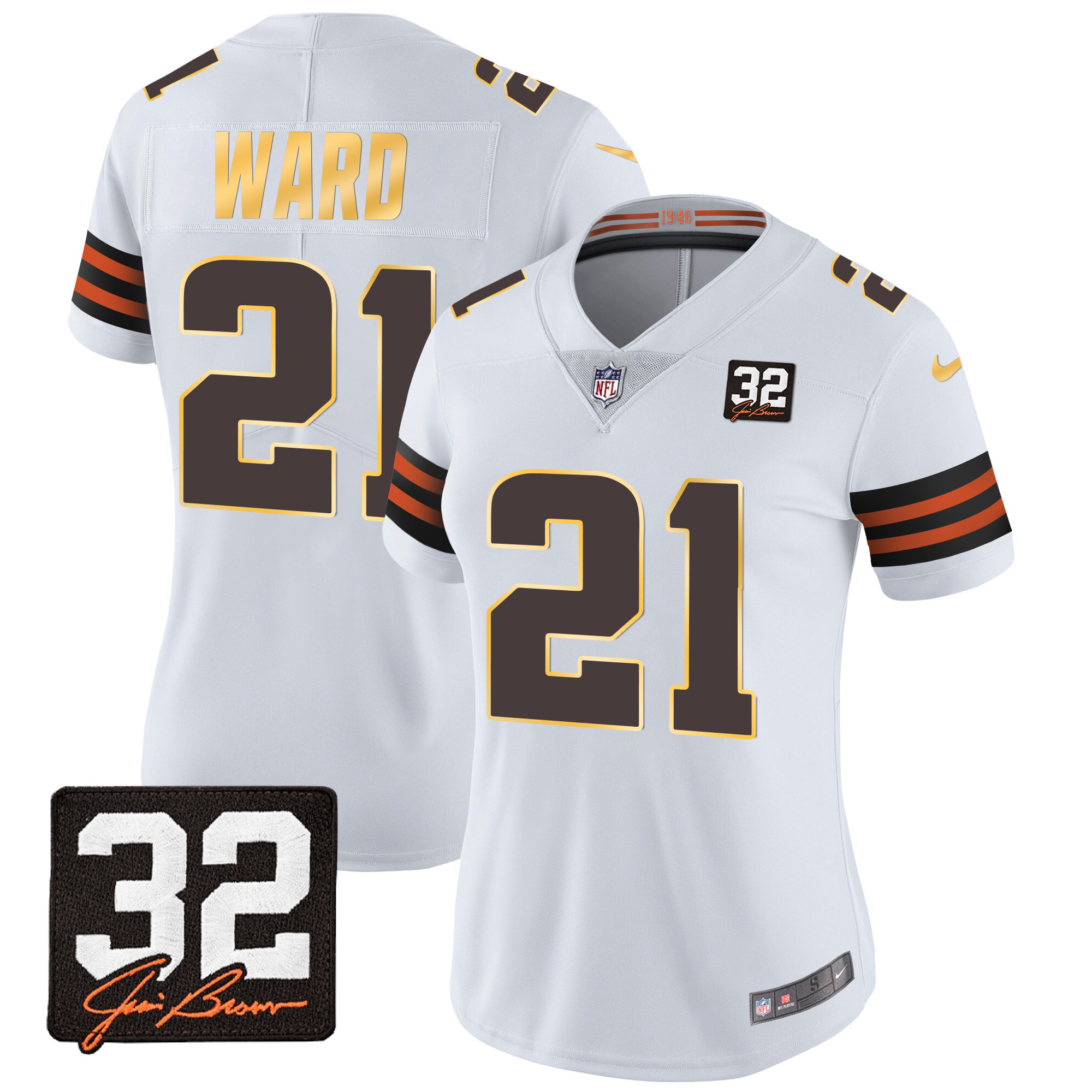 Denzel Ward Women's Cleveland Browns #32 Jim Brown Memorial Patch Gold Trim White Jersey - All Stitched
