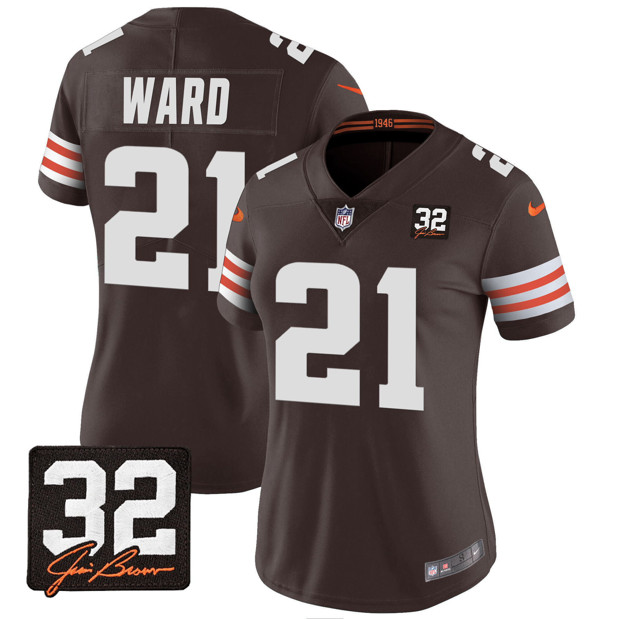 Denzel Ward Women's Cleveland Browns #32 Jim Brown Memorial Patch Jersey - All Stitched