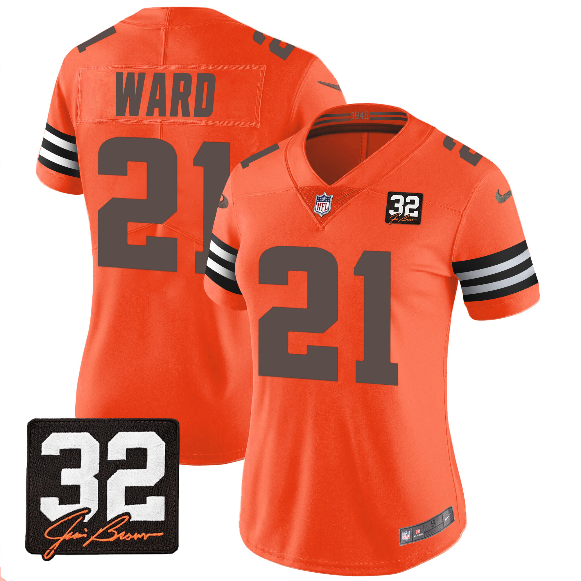 Denzel Ward Women's Cleveland Browns #32 Jim Brown Memorial Patch Orange Jersey - All Stitched