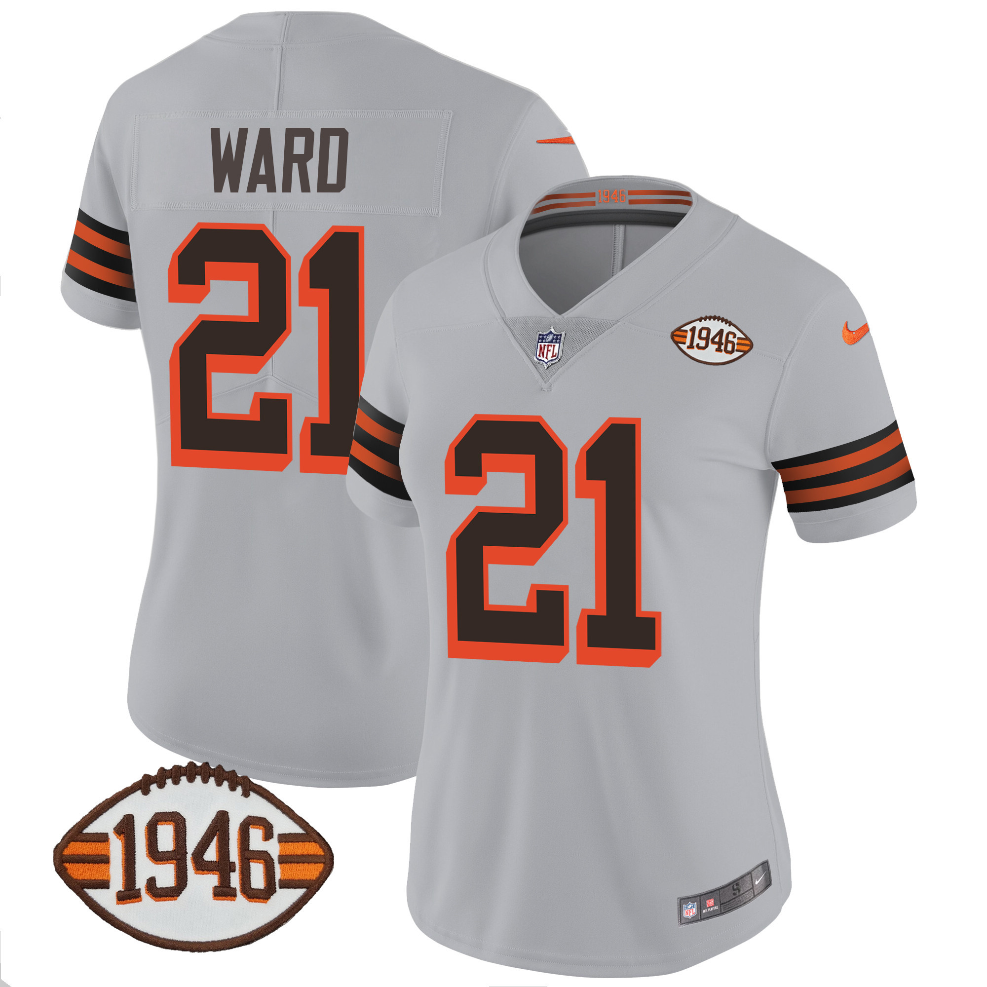 Denzel Ward Women's Cleveland Browns 1946 75th Anniversary Patch Gray Jersey - All Stitched