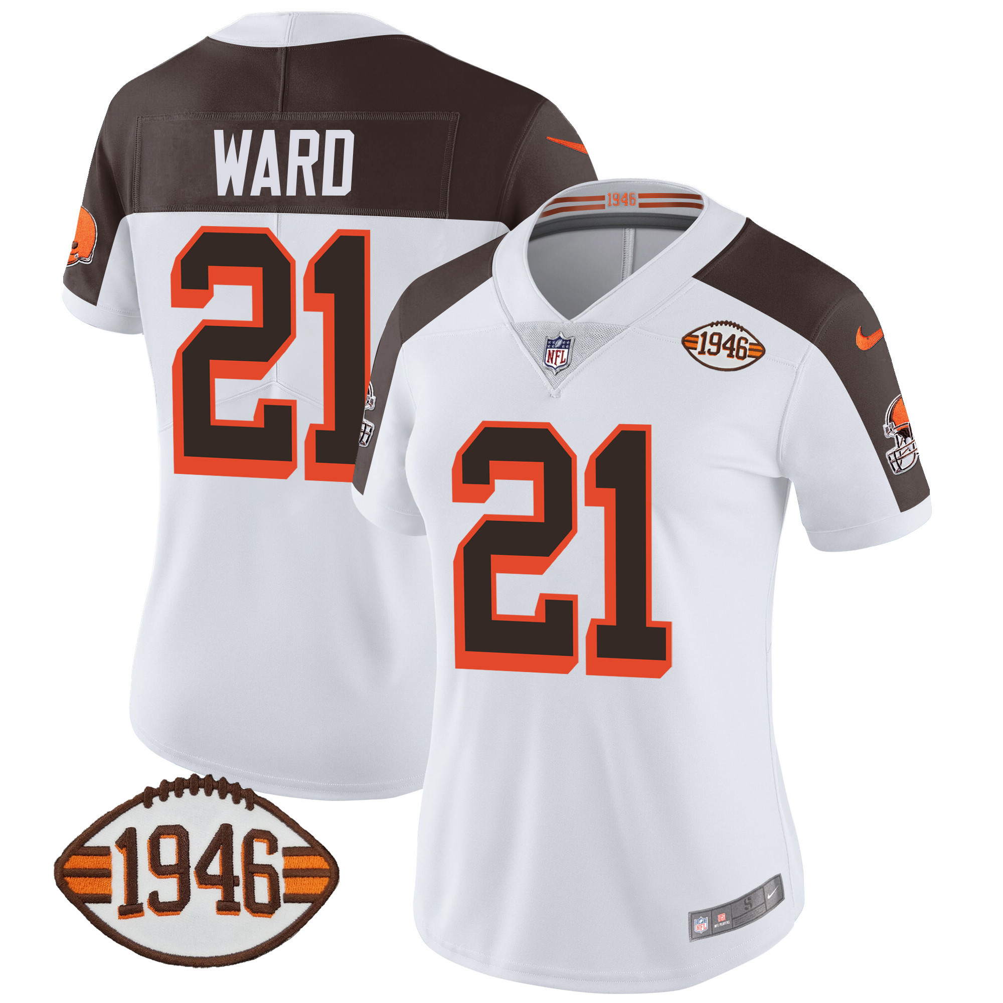 Denzel Ward Women's Cleveland Browns 1946 75th Anniversary Patch Inverted Jersey - All Stitched