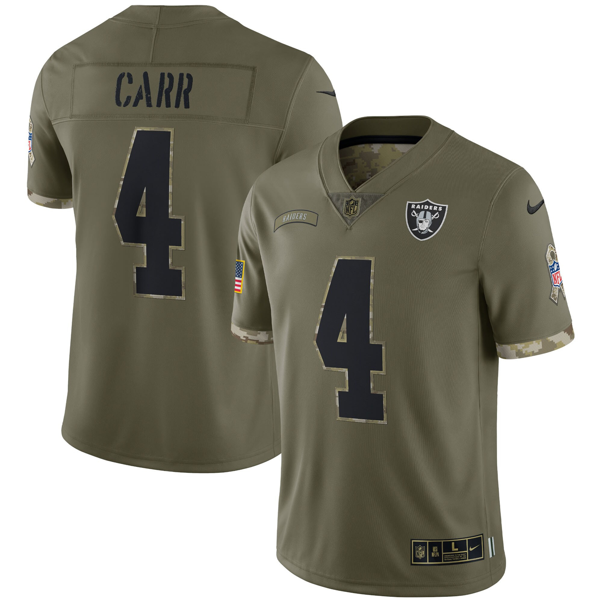 Derek Carr Las Vegas Raiders 2022 Salute To Service Retired Player Limited - Olive Jersey - All Stitched 