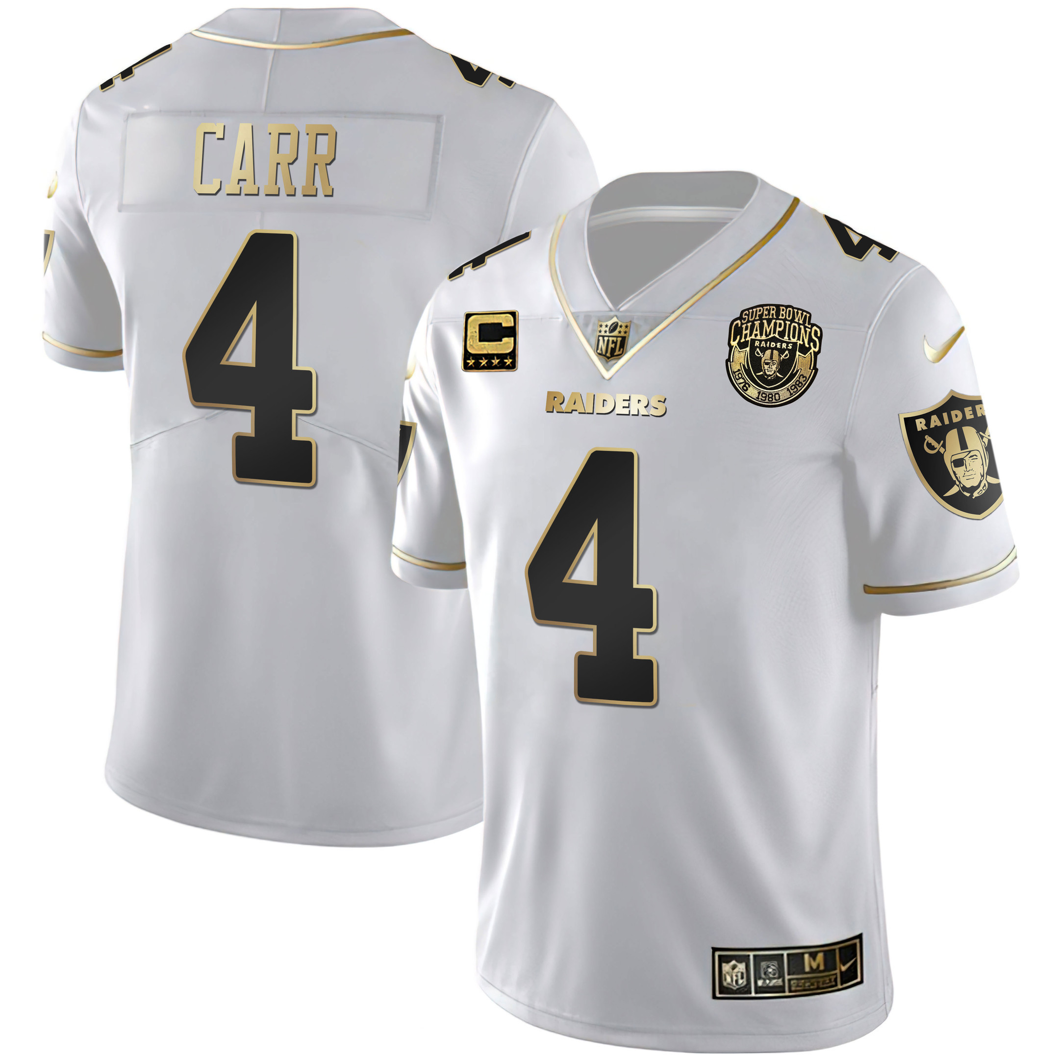 Derek Carr Men's Las Vegas Raiders 1976 - 1980 - 1983 Super Bowl Champions Patch White Gold and Black Gold White Gold Jersey - All Stitched 