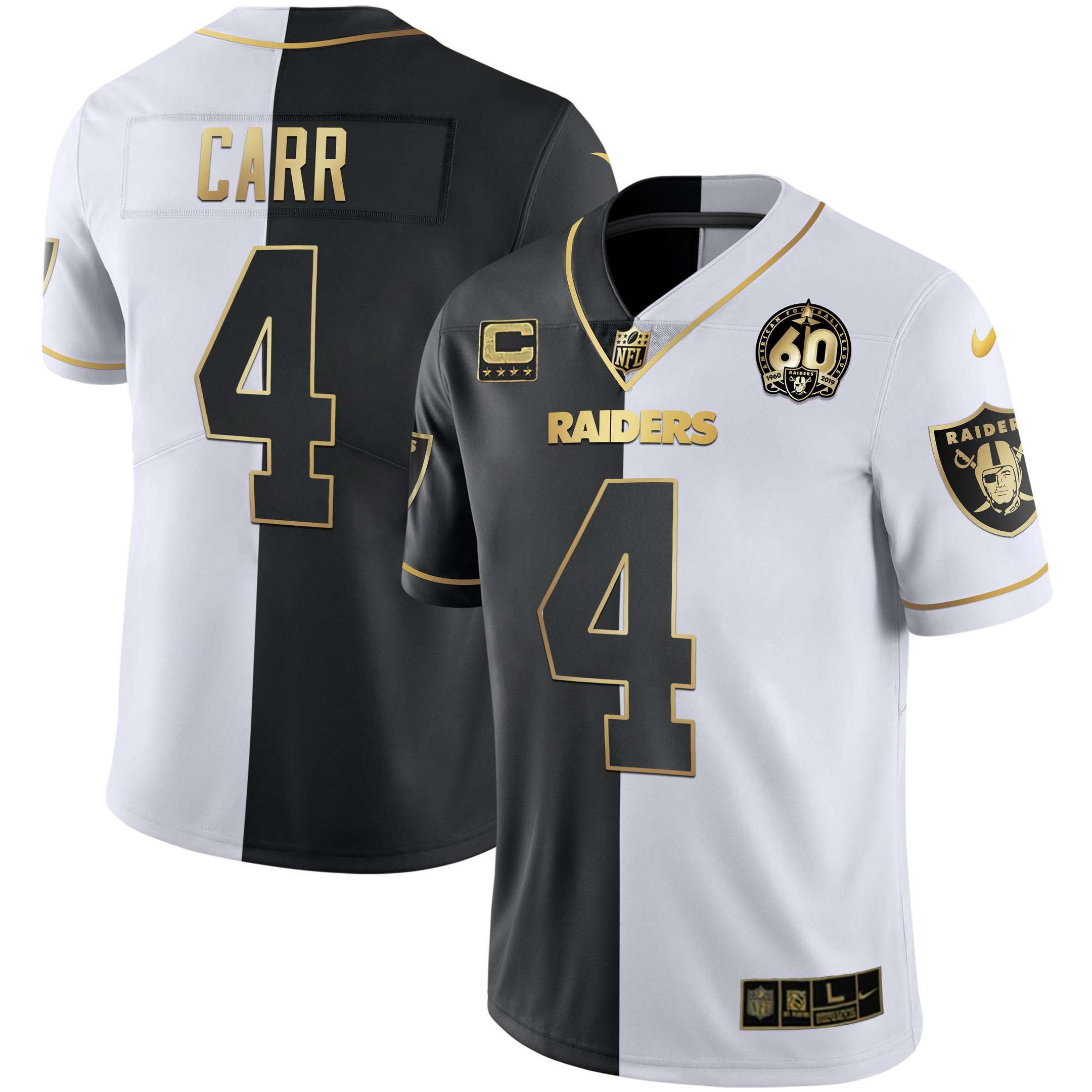 Derek Carr Men's Las Vegas Raiders 60th Season Patch Gold & Split Split Gold Jersey - All Stitched 