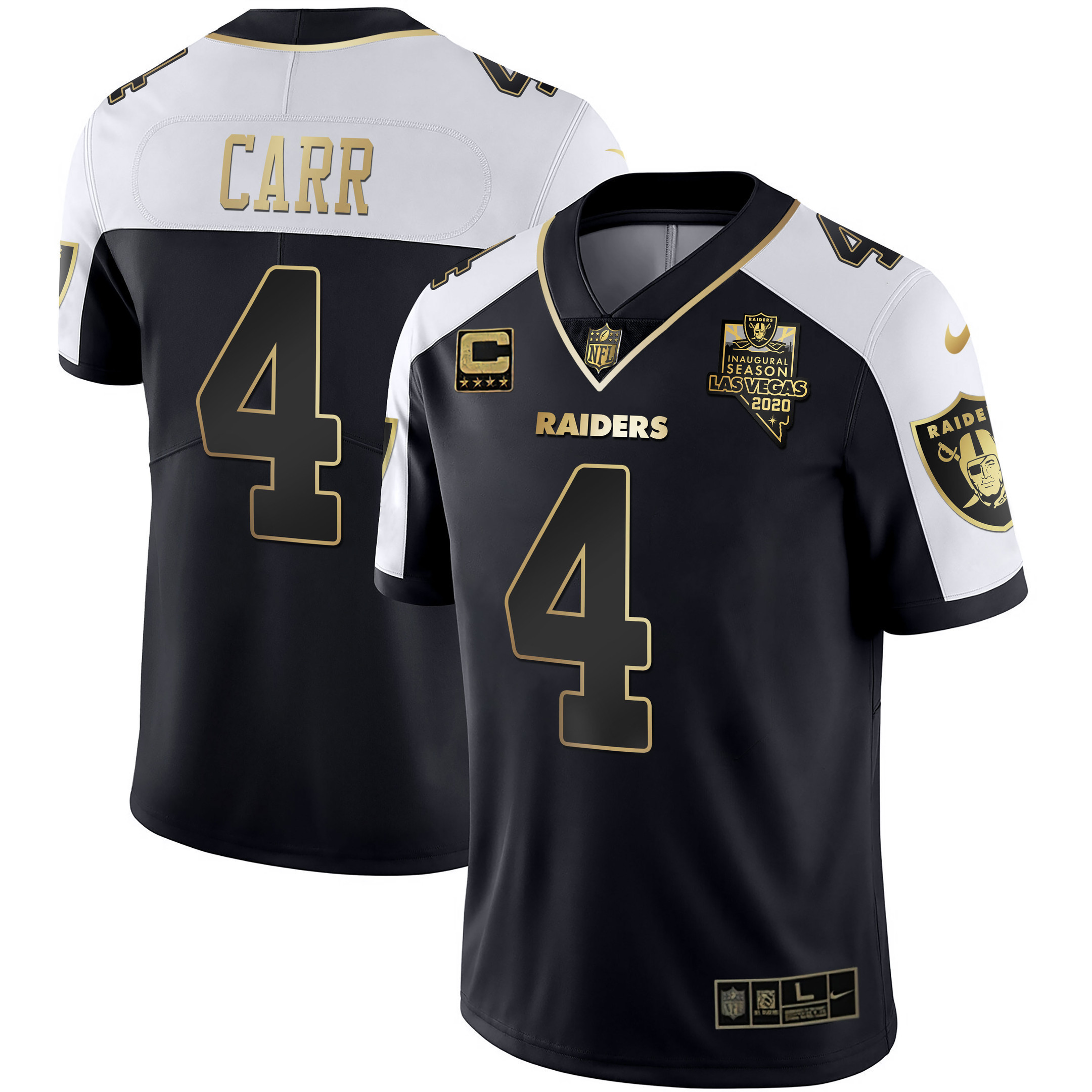 Derek Carr Men's Las Vegas Raiders Alternate Vapor Black Gold & Black Inverted Limited Inaugural Season Patch Black Gold Jersey - All Stitched 